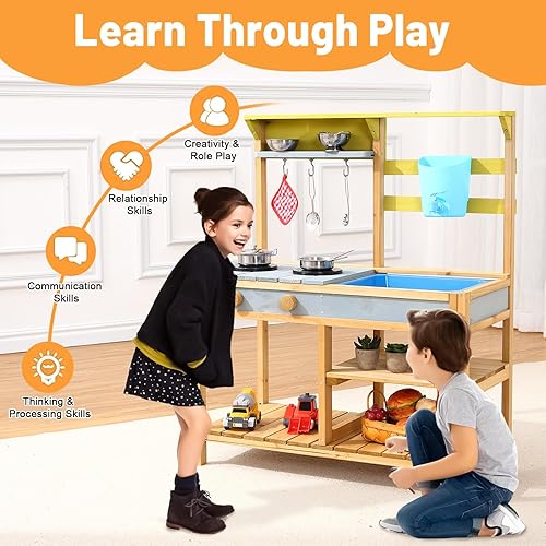 Miniatura 2 de GarveeLife Cocina de juego de madera, cocina de barro para niños al aire libre con estufa, perilla giratoria, caja de agua y grifo fregadero