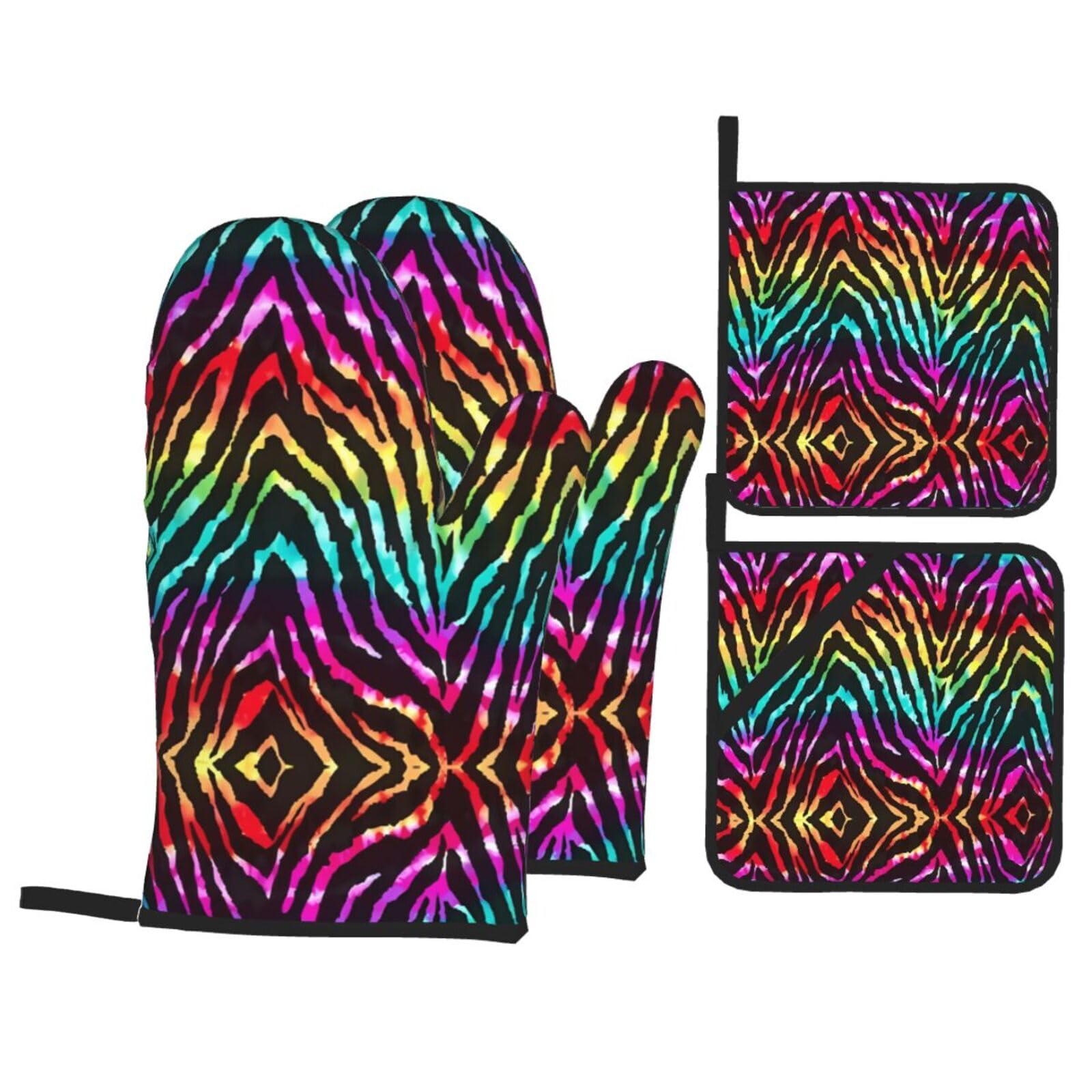 HJFCZH Colorful Rainbow Zebra Prints Kitchen Throw Set: Durable Oven Layers with Waterproof Polyester – 4 Piece Heat Protection System