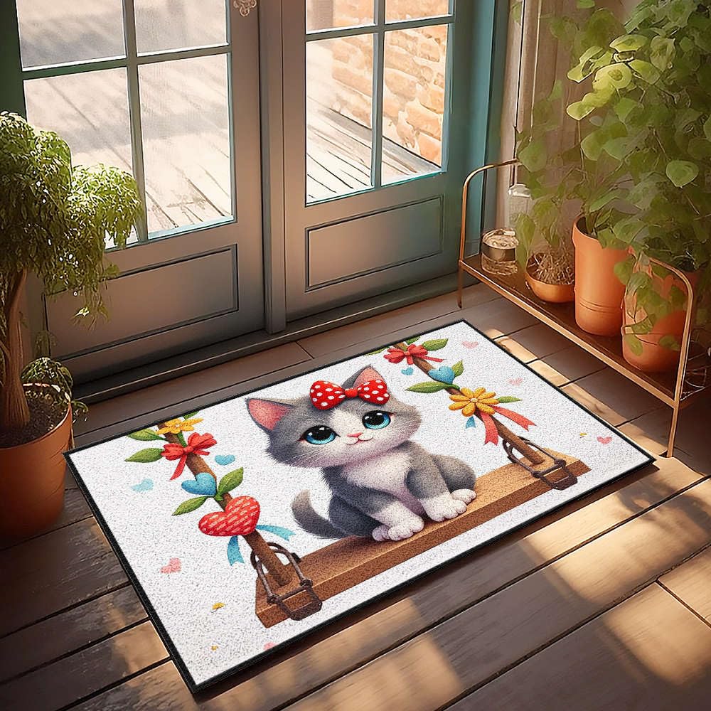 Petit tapis de bienvenue chaton pour chambre et intérieur cocooning aux motifs cœurs