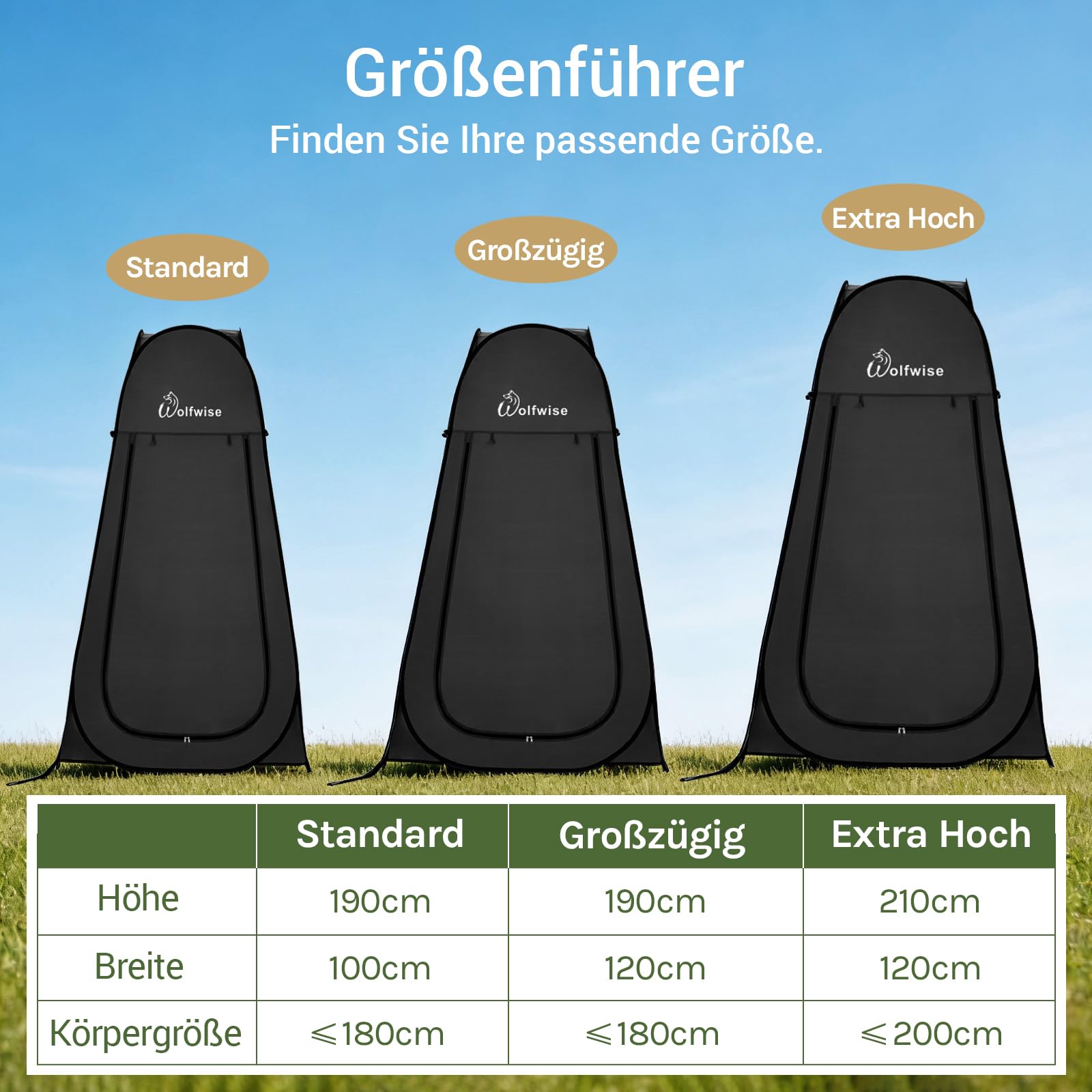 WolfWise Pop-Up Duschzelt Camping & Umkleidezelt – Kompakt & Leicht 2kg mit Tasche, Schneller Aufbau, WC- und Privatzelt, Wasserfest, UV-Schutz, Outdoor, Strand, Wandern, 1,9m/2,1m, Schwarz/Grün/Blau