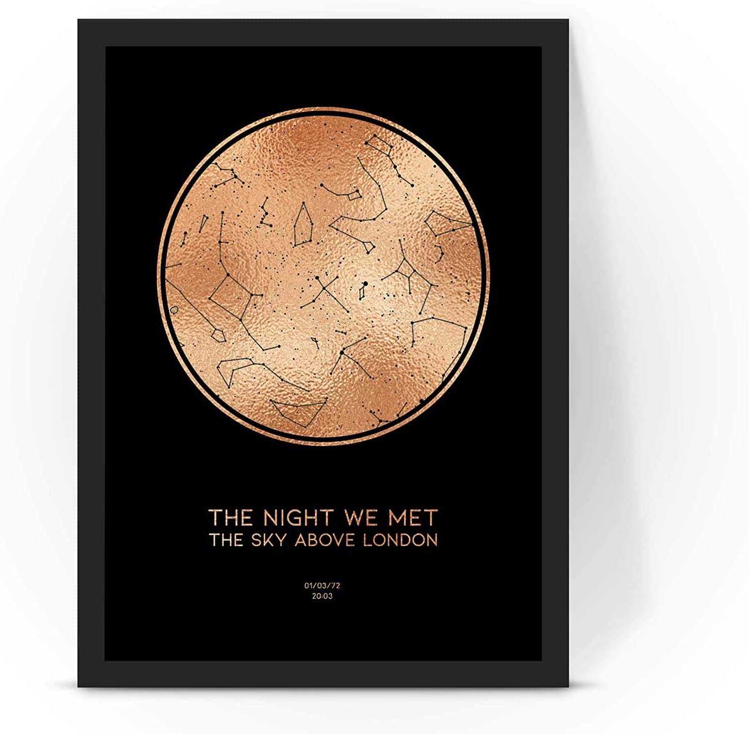 Forefrontdesigns White Personalised The Night We Met Copper Foil Star Map Poster Print, Framed/Unframed (A4 Print (210X297mm) 8.27X11.69 In) (A4 Print (210X297mm) 8.27X11.69 In)