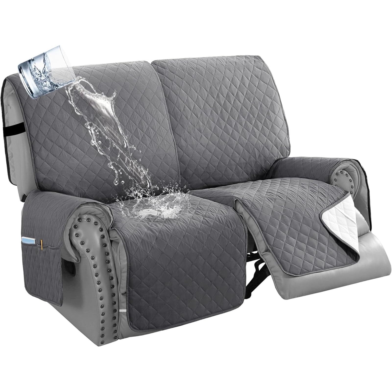 Funda para Sofá Reclinable Impermeable 1/2/3 Plazas, Cubresofás Antideslizantes con Bolsillo, Protector Lavable para Muebles Reclinables Ideal para Perros, Niños (Gris,2 Plazas)