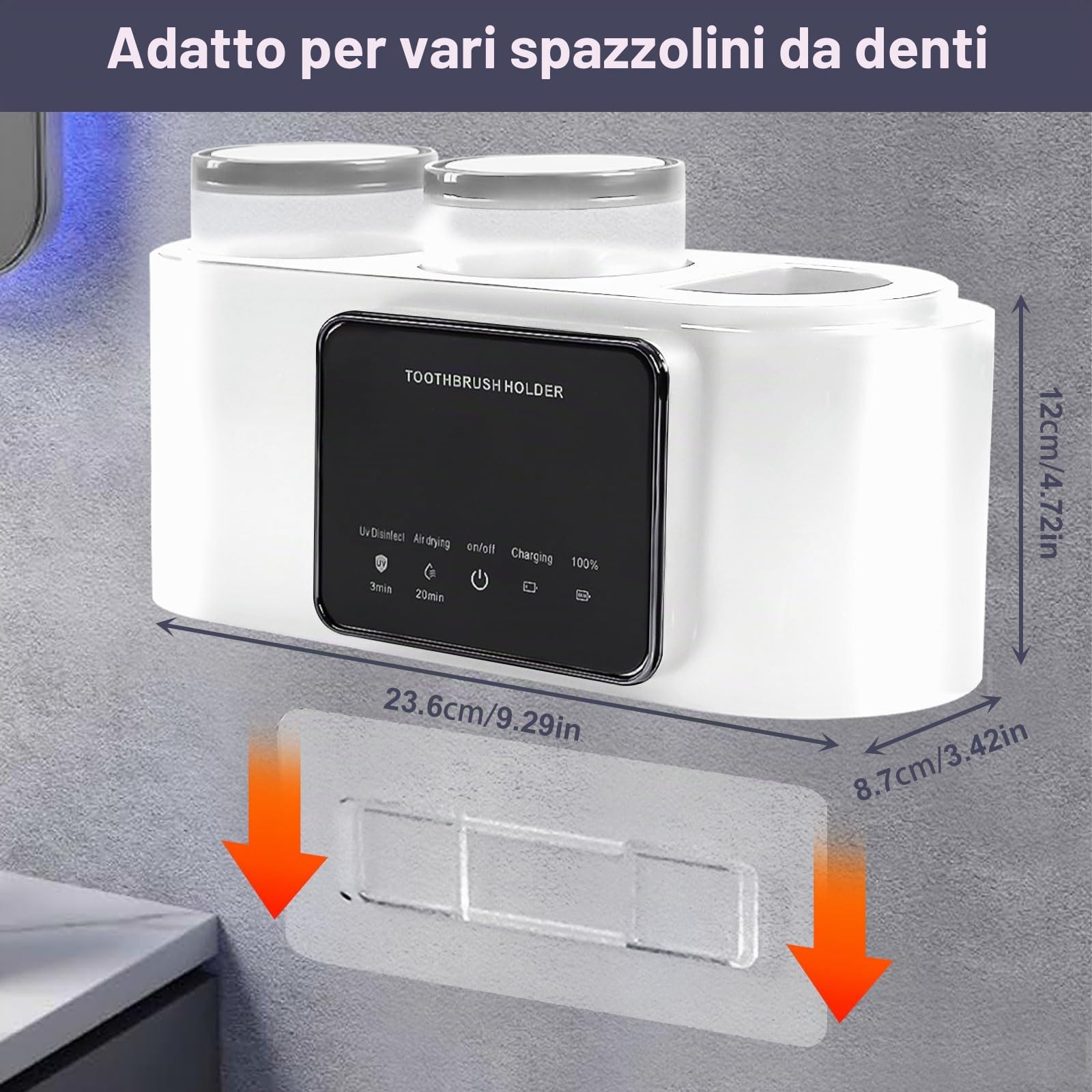 Portaspazzolino da parete con vano portaoggetti, supporto per spazzolino elettrico con funzione di asciugatura e pulizia per il bagno, 4 fessure per pennelli, 2 bicchieri (bianco)