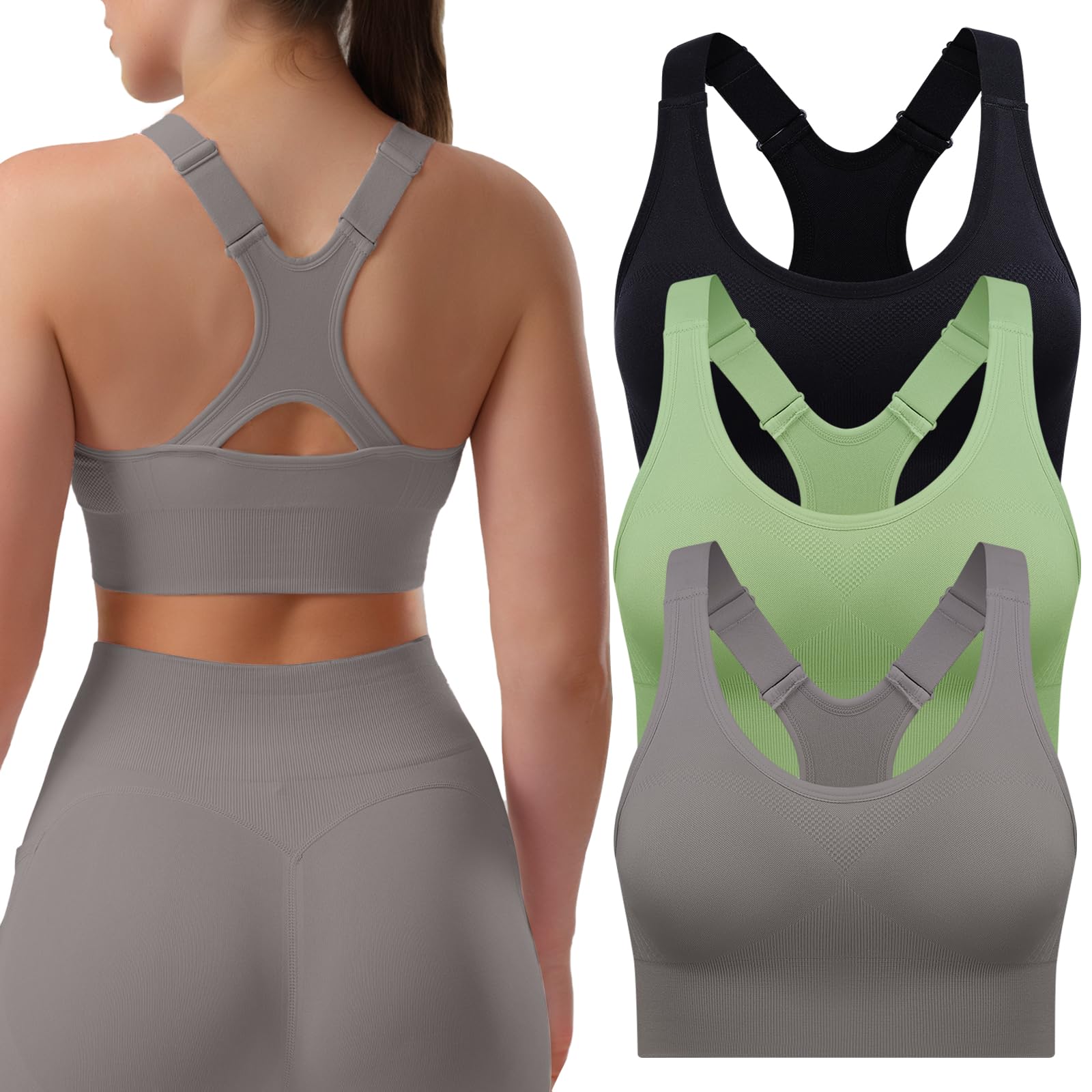 Sport-BHS für Damen im 1/3er-Pack, Racerback, Hoher Halt, Verstellbare Träger – Gepolsterte, Nahtlose Yoga-BHS fürfür Fitness, Laufen & Joggen