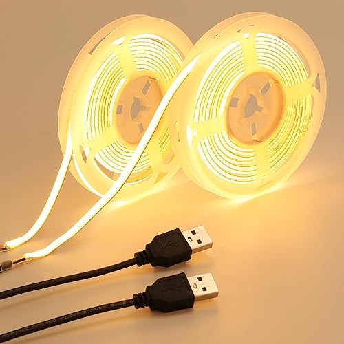 GOMING 5mm de Ancho Tira LED COB USB 5V Blanco Cálido 3000K Alimentado por USB 400LED/M 4M(2m x 2Piezas) CRI 93+ IP20 No