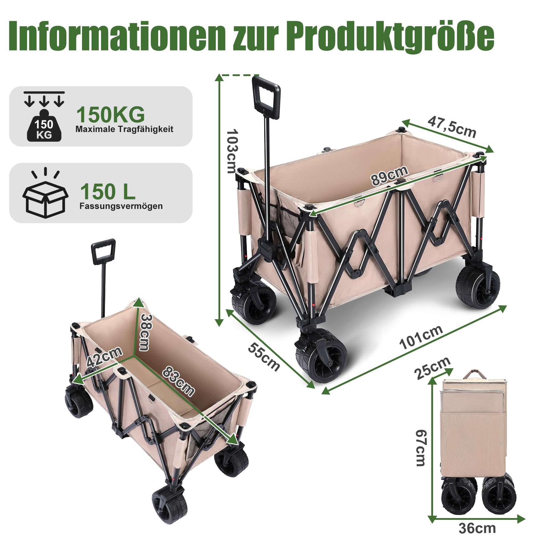 Carrello pieghevole da giardino, 150 kg, con tasca laterale, con asta telescopica, freni, pneumatici larghi per tutti i terreni, all'aperto, campeggio, giardino, shopping