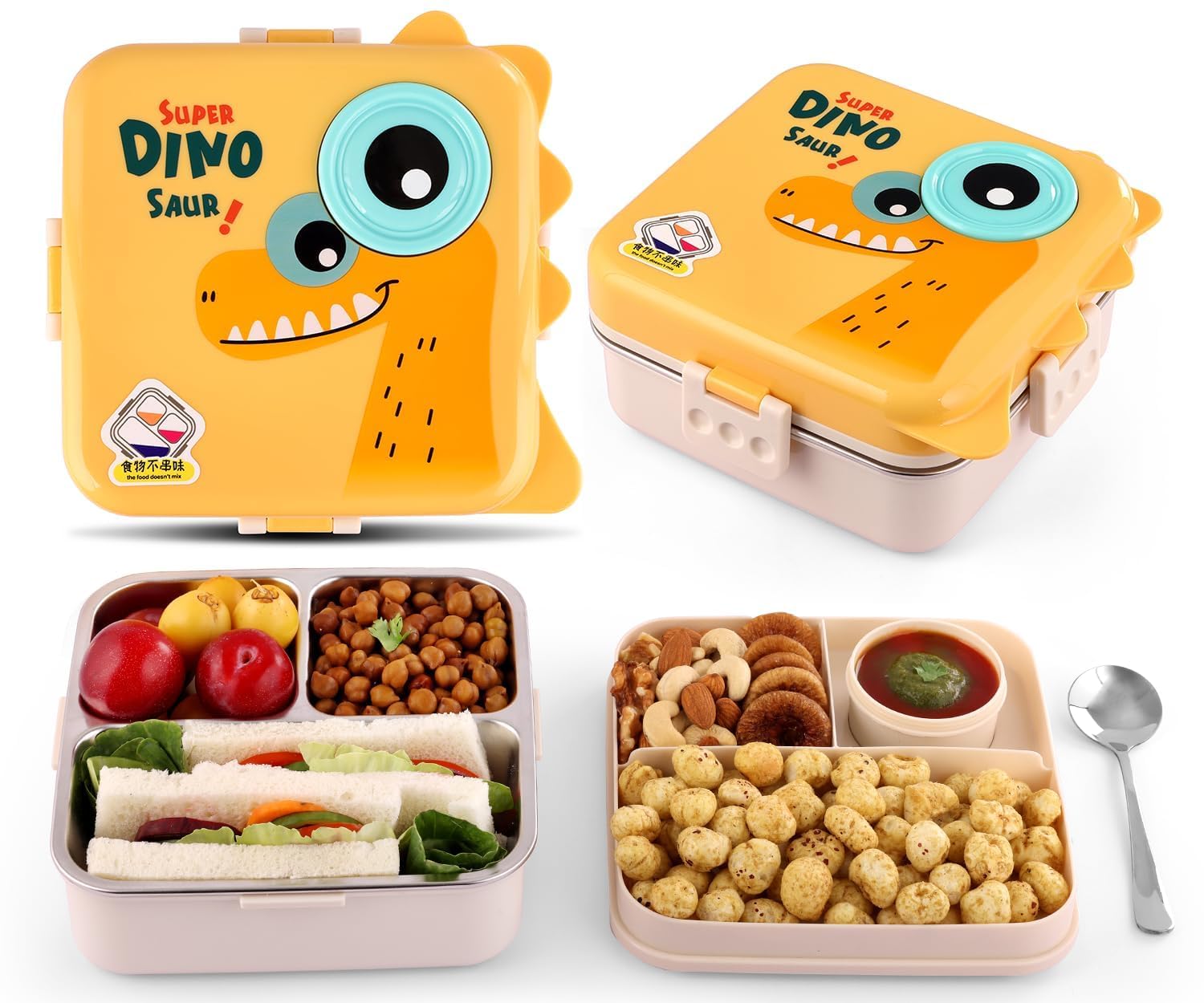 5 Compartment Stainless Steel Lunch Box – Durable & BPA-Free Bento Tiffin for Kids & Adults | Leak-Resistant Multi-Section Lunch Box for School, Office & Picnic – 1120ml + 70ml, Yellow-image-7