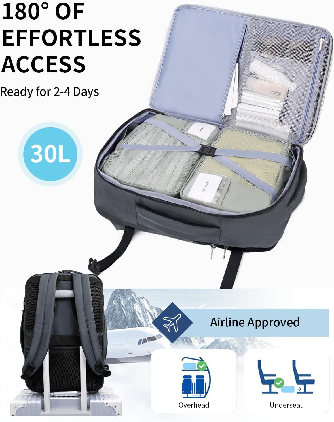 ECOHUB Carry On Travel Backpack, Expandable Airlines Personal Item Bag 18x14x8, Water Resistant 17 inch Laptop Backpack Flight Approved, 12 Pockets 30L Work Backpacks with Wet Pocket Cable Slot, Grey