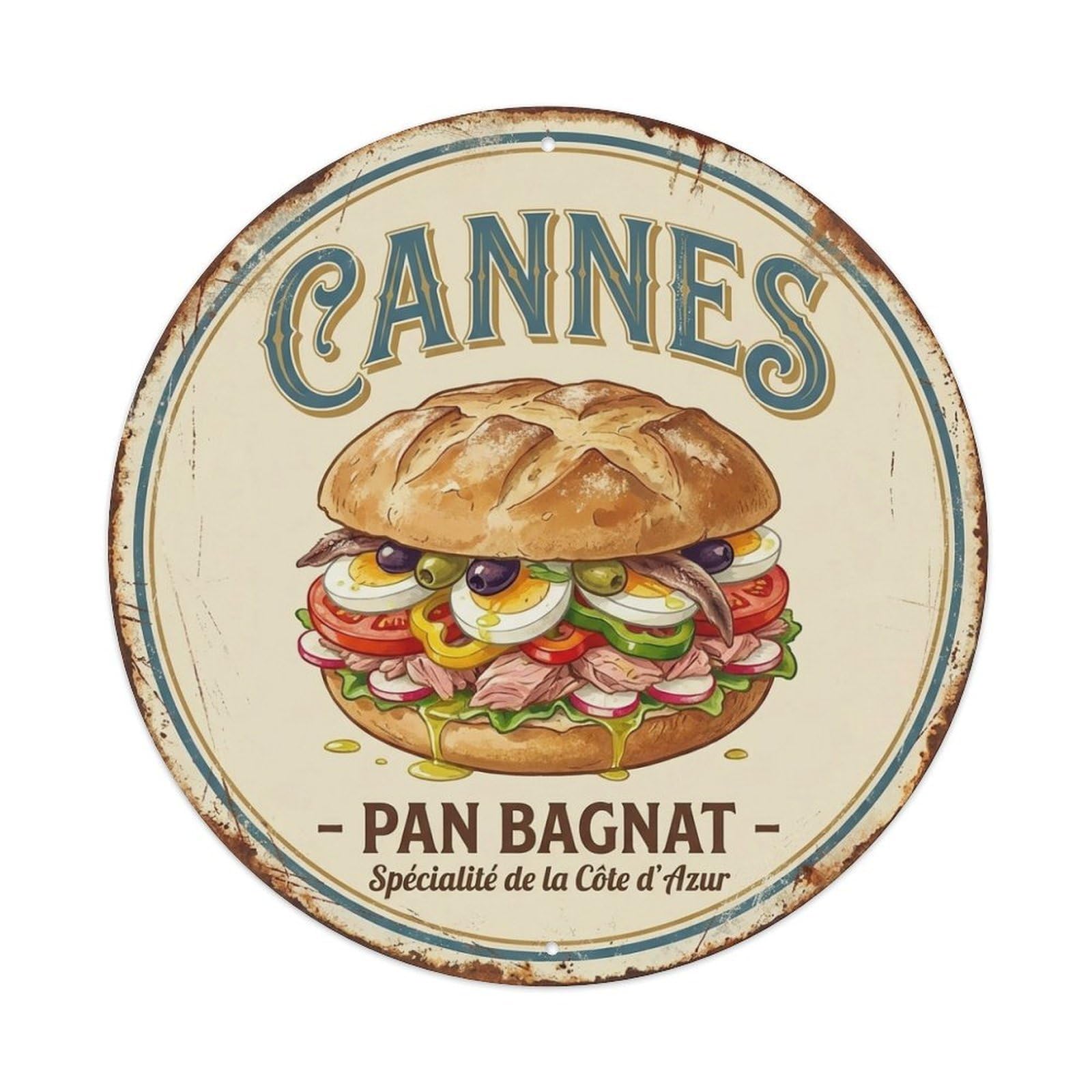 Cannes Pan Bagnat French Riviera Cuisine Travel Vintage Metal Tin Sign