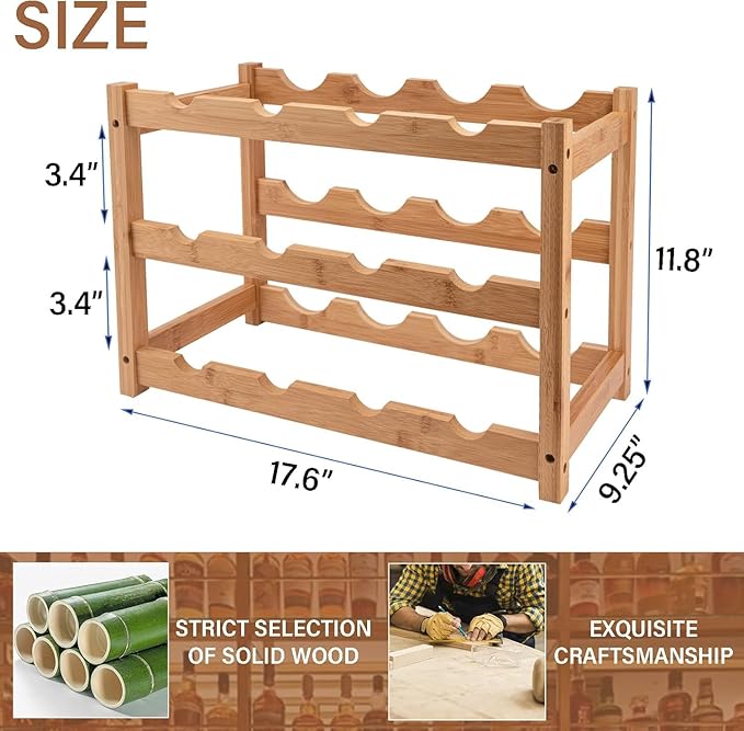 Soporte para vino de bambú LEIMO KPARTS, 3 niveles, 12 botellas miniatura 3