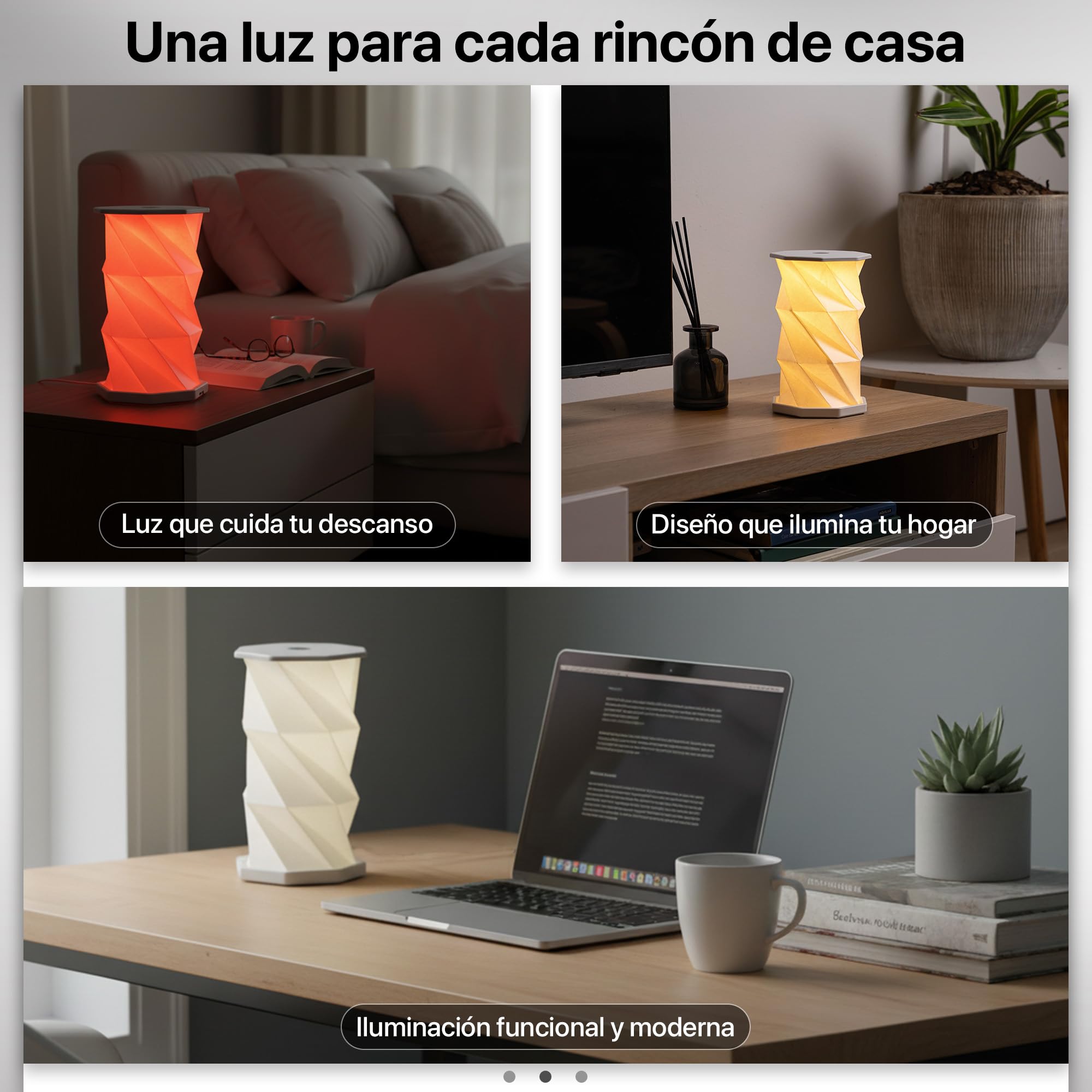 Lámpara plegable LED ABS, recargable USB-C, 3 modos de luz y sin cables. | Diseño origami 360° para mesita, salón, terraza cubierta y viajes; más de 12h de autonomía, decoración y regalo