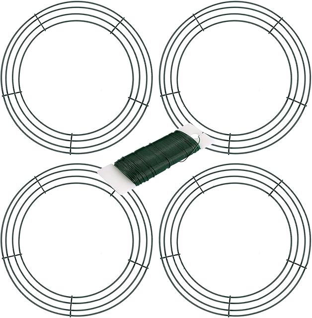 ECHG 4Pcs 12inch Wire Wreath Frame Rings with Green Flexible Florist Craft Wire for DIY Christmas Thanksgiving Day New Year Wreaths Decoration