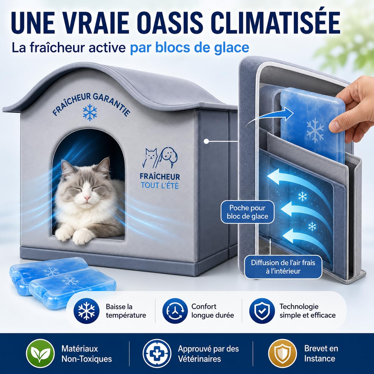 Maison Rafraîchissante pour Chat et Petit Chien – Lit Climatisé avec Poches pour Blocs de Glace – Niche Fraîche Pliable en Tissu Oxford – Couchage Été Anti-Chaleur Taille L