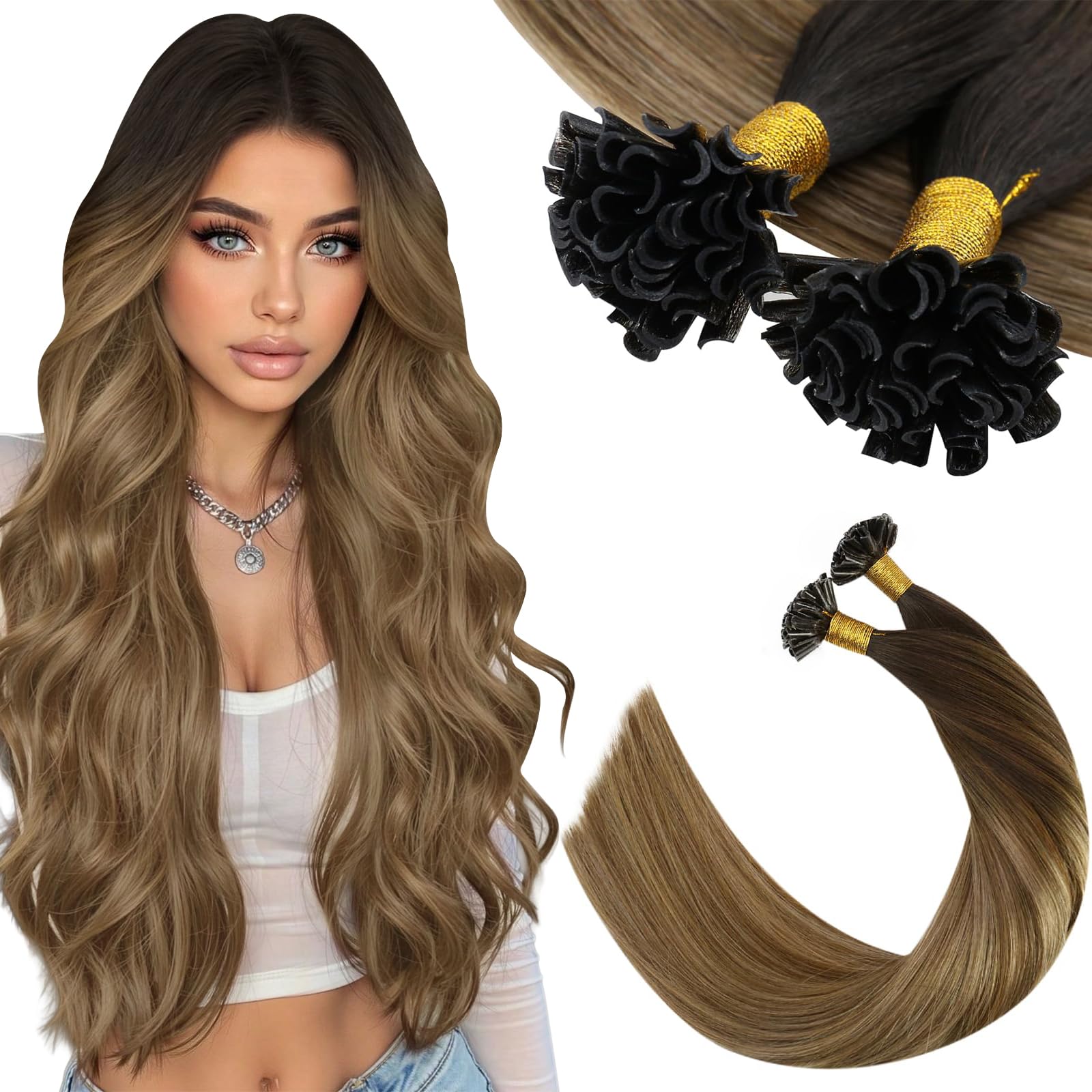 Ugeat Utip Hair Extensions Human Hair Balayage K Tips Hair Extensions Human Hair Dark Brown to Golden Brown Mix Golden Blonde Ombre Keratin Tip