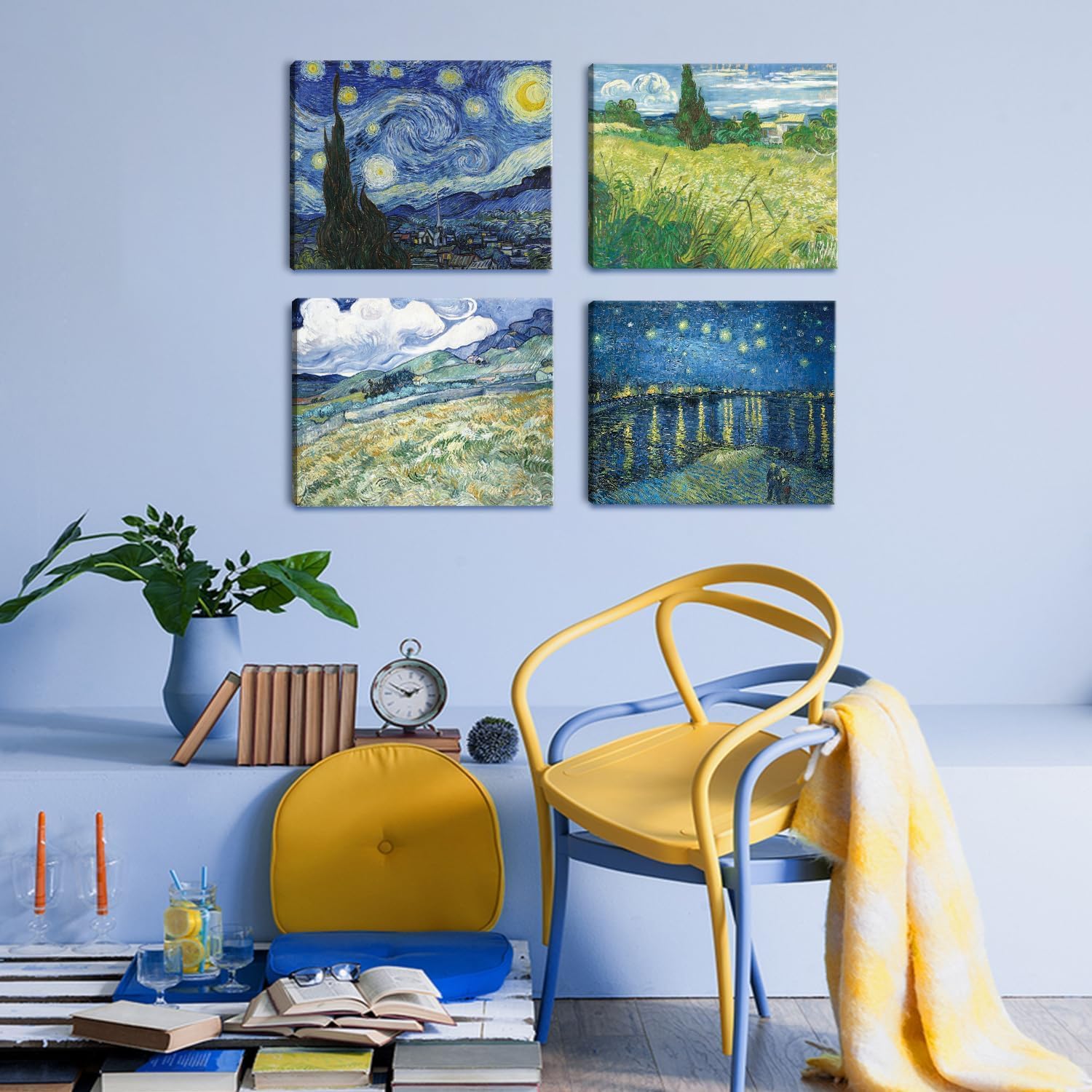 BINCUE Vincent Van Gogh - Cuadros decorativos (4 unidades, 30 x 40 cm), diseño de noche estrellada
