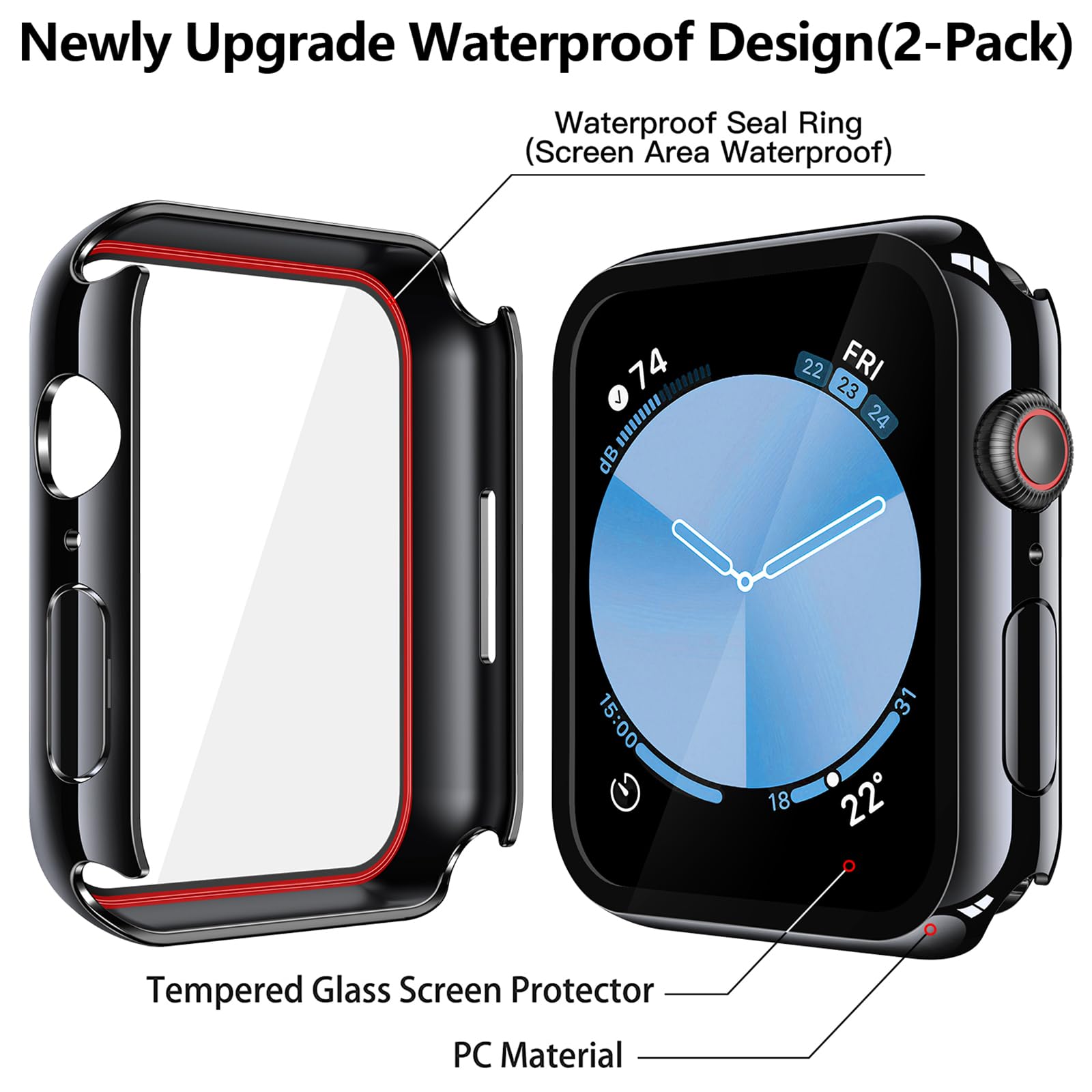 Misxi 2 Stück schwarze Hartschale mit gehärtetem Glas, kompatibel mit Apple Watch