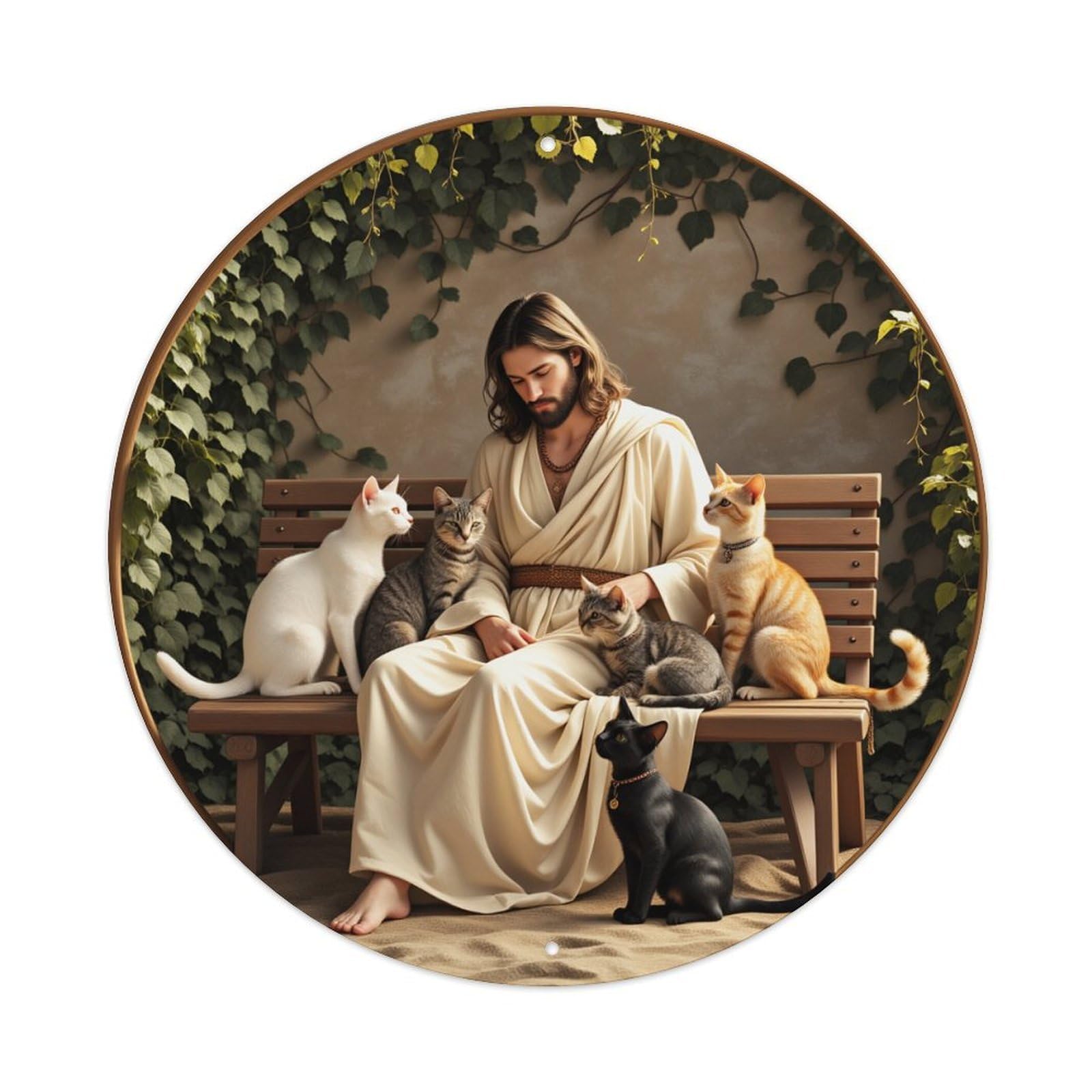 Jesus With Cats On Bench Round Tin Sign Vintage Metal Poster, Home Bar Garage Man Cave Cafe Indoor & Outdoor Wall Decoration 8x8Inches