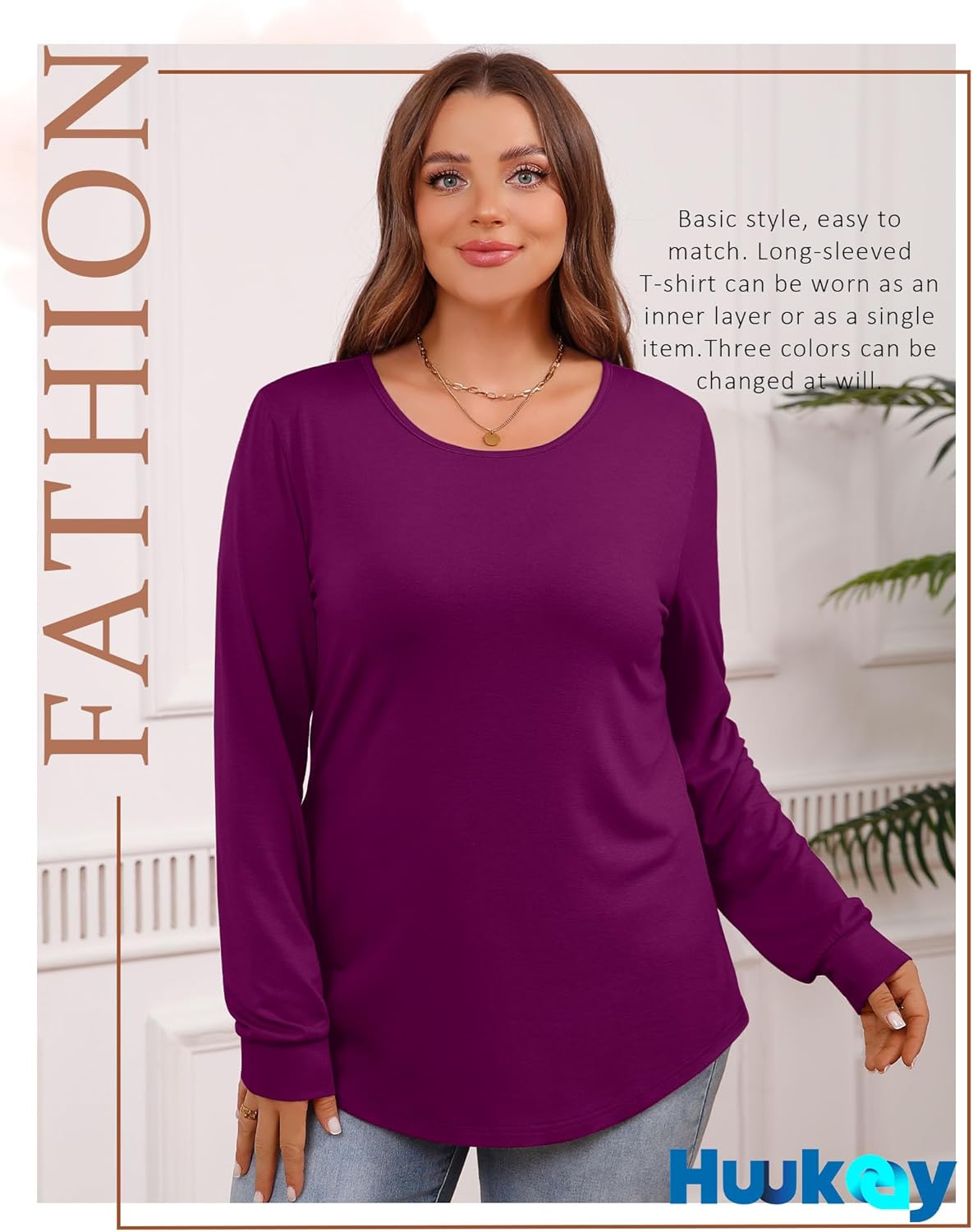 Huukeay 3 Pack Women Plus Size Long Sleeve Tops Loose Fit Tunic Shirts Crewneck Basic Tops Curved Hem Casual T Shirts - Image 5