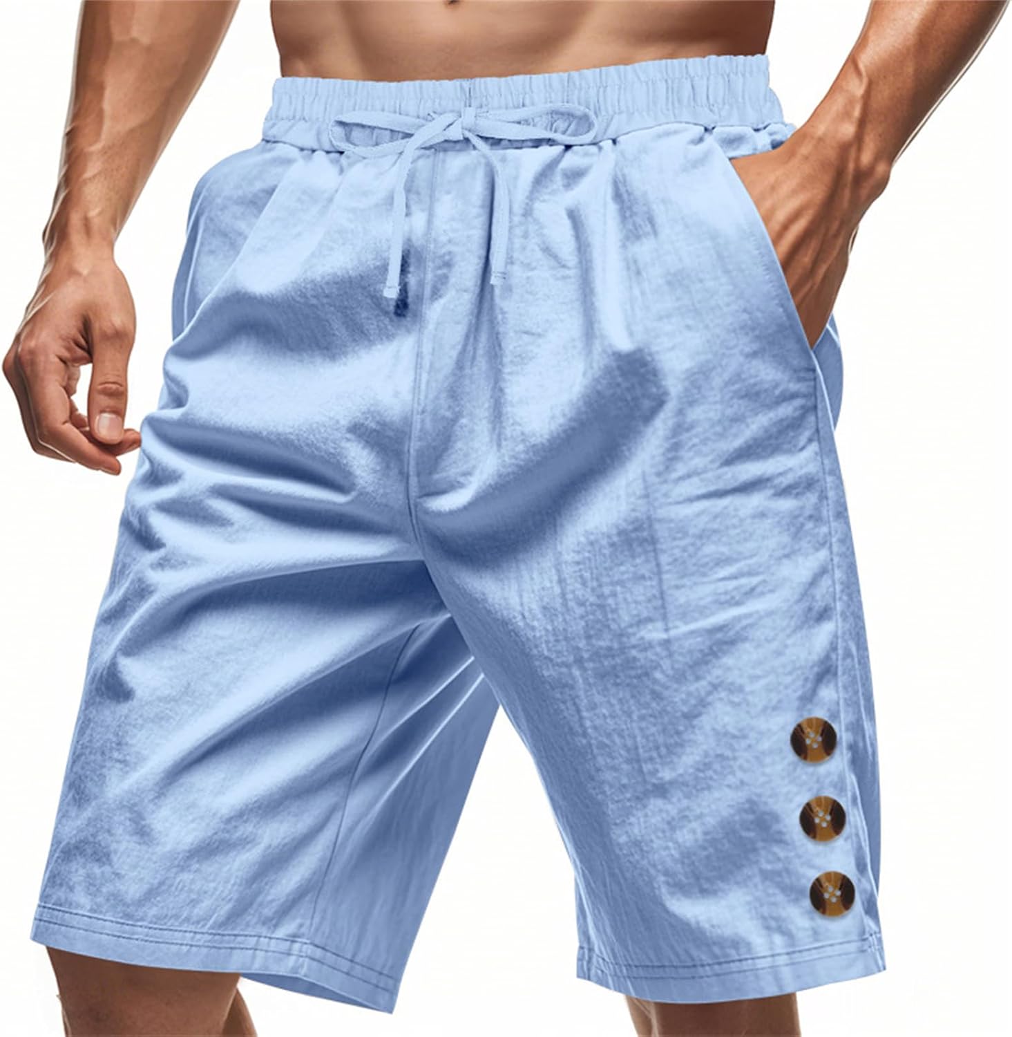 Mens Cotton Linen Shorts Button & Drawstring Lightweight Shorts Elastic Waist Stretch Summer Beach Short Vintage Wear