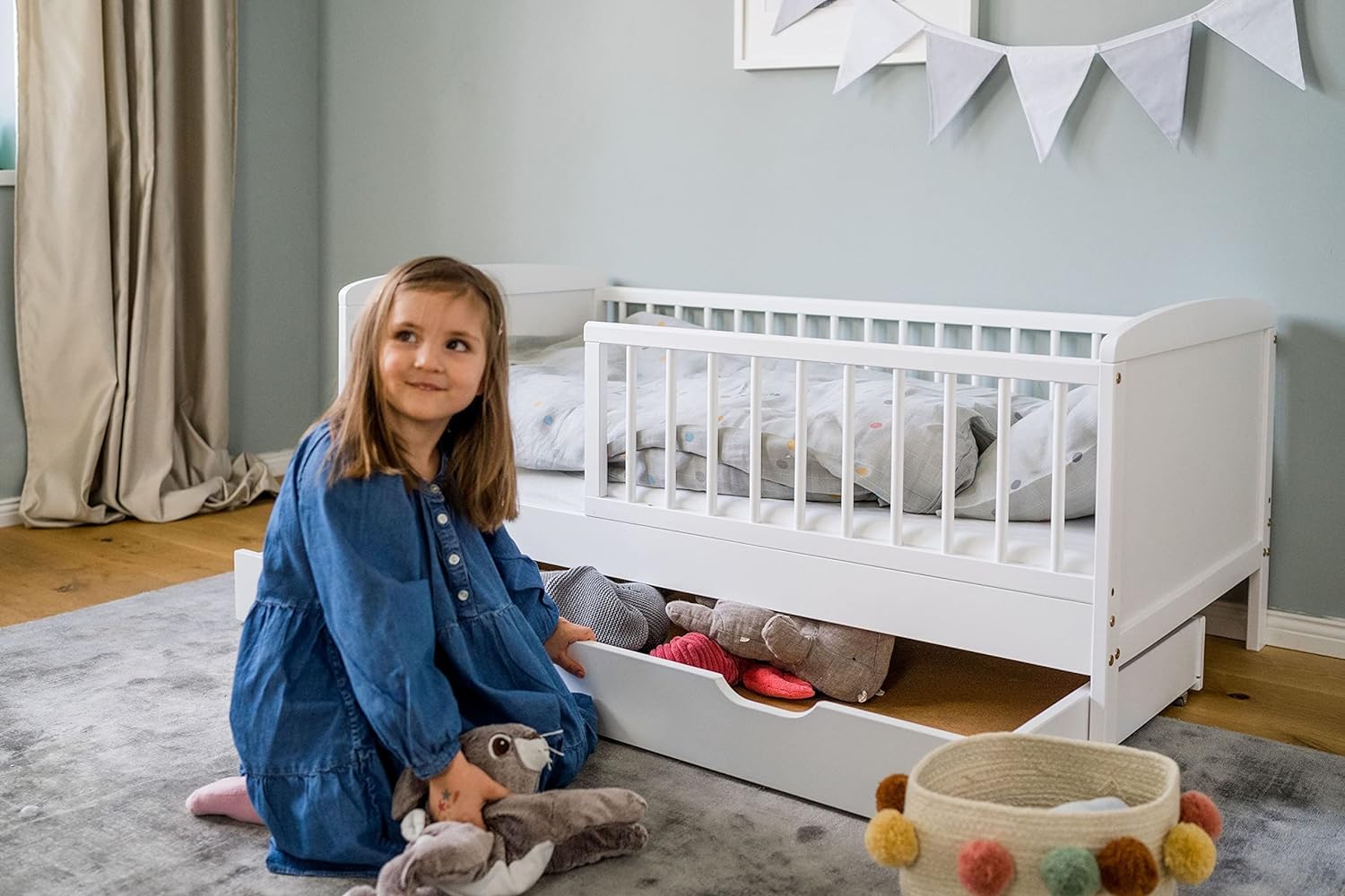 Lit d'enfant 140x70 cm en Bois Massif Blanc avec Matelas, Sommier à Lattes et Tiroir