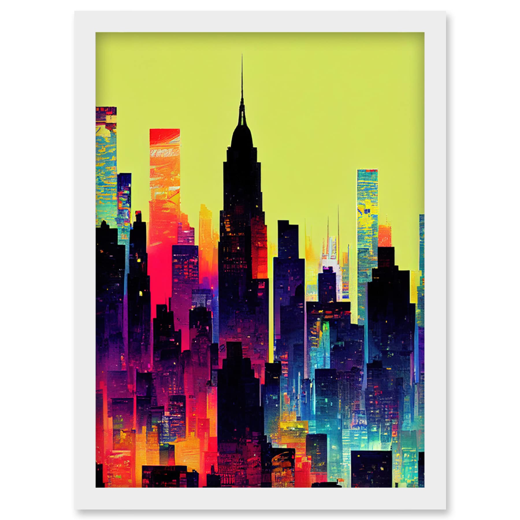 Wee Blue Coo New York Vibrant Multi Coloured Graphic Design Skyscraper Cityscape Silhouette Artwork Framed Wall Art Print A4
