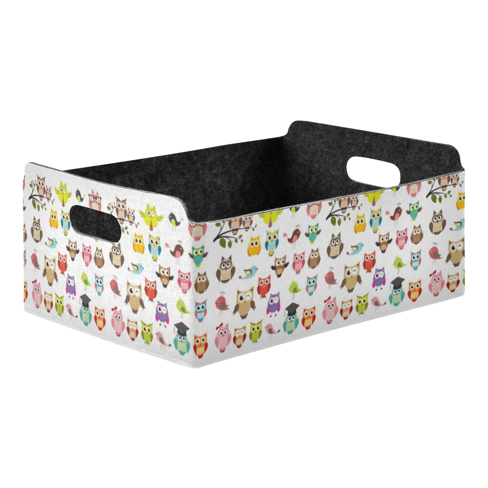Poeticcity Tribal Ethnic Owls Seamless on White Collapsible Felt Cloth Storage Box, Rectangular Desk Organizer Basket Bin, Detachable Laundry Hamper Plate Counter Holder Box