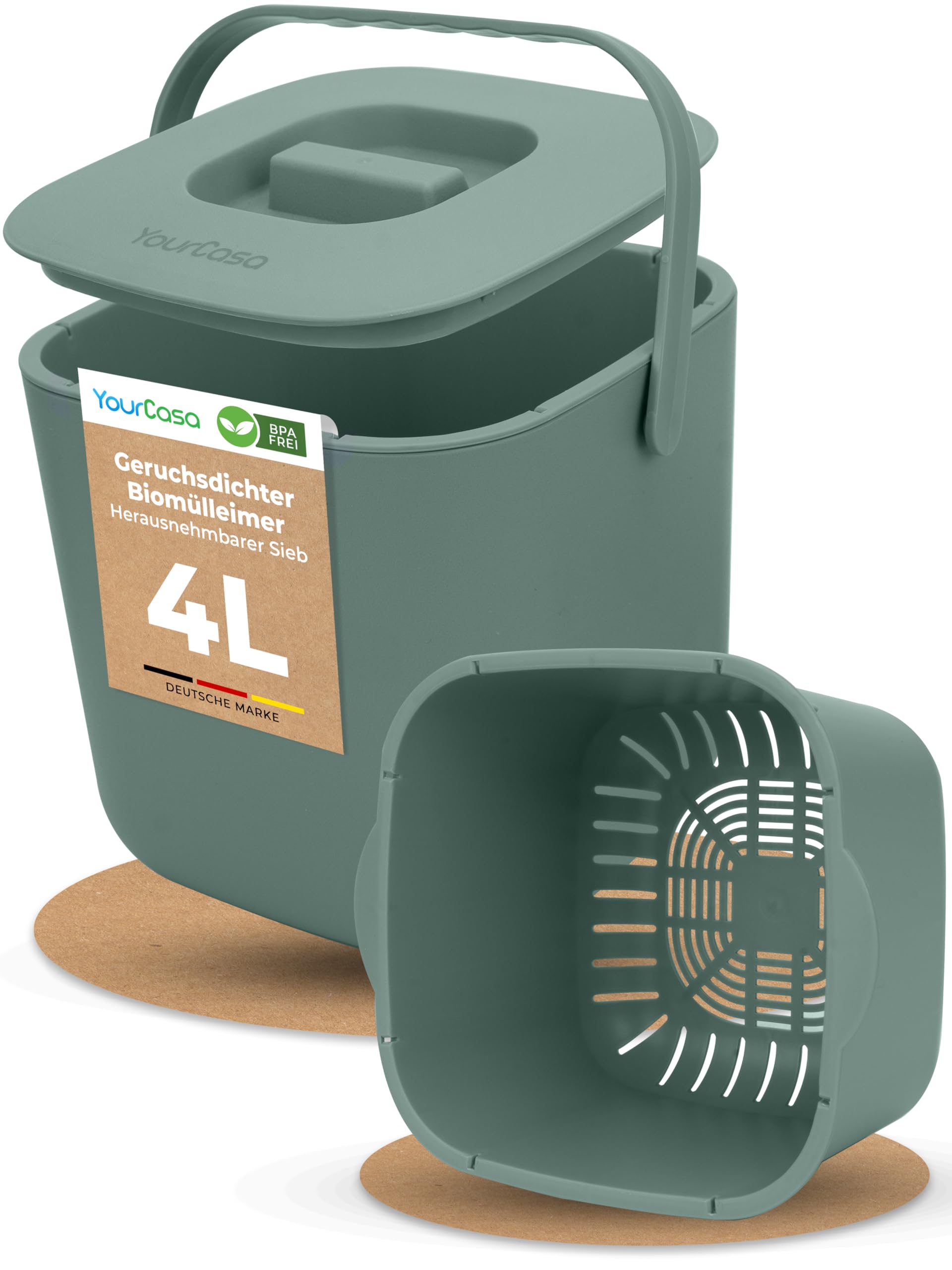YourCasa Biomülleimer Küche - Komposteimer mit herausnehmbarem Sieb & Deckel - geruchsdicht, spülmaschinenfest & ohne Biomülltüten - Bio Mülleimer klein für saubere Küchen