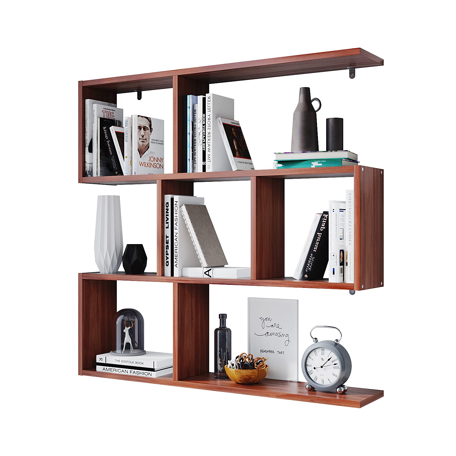 ELEGANT Wall Mounted Shelf Bookcase, Multi-Compartment Display Wall Shelves, Perfect for Living Room, Bedroom, Bookcase Storage Home Furniture, Walnut