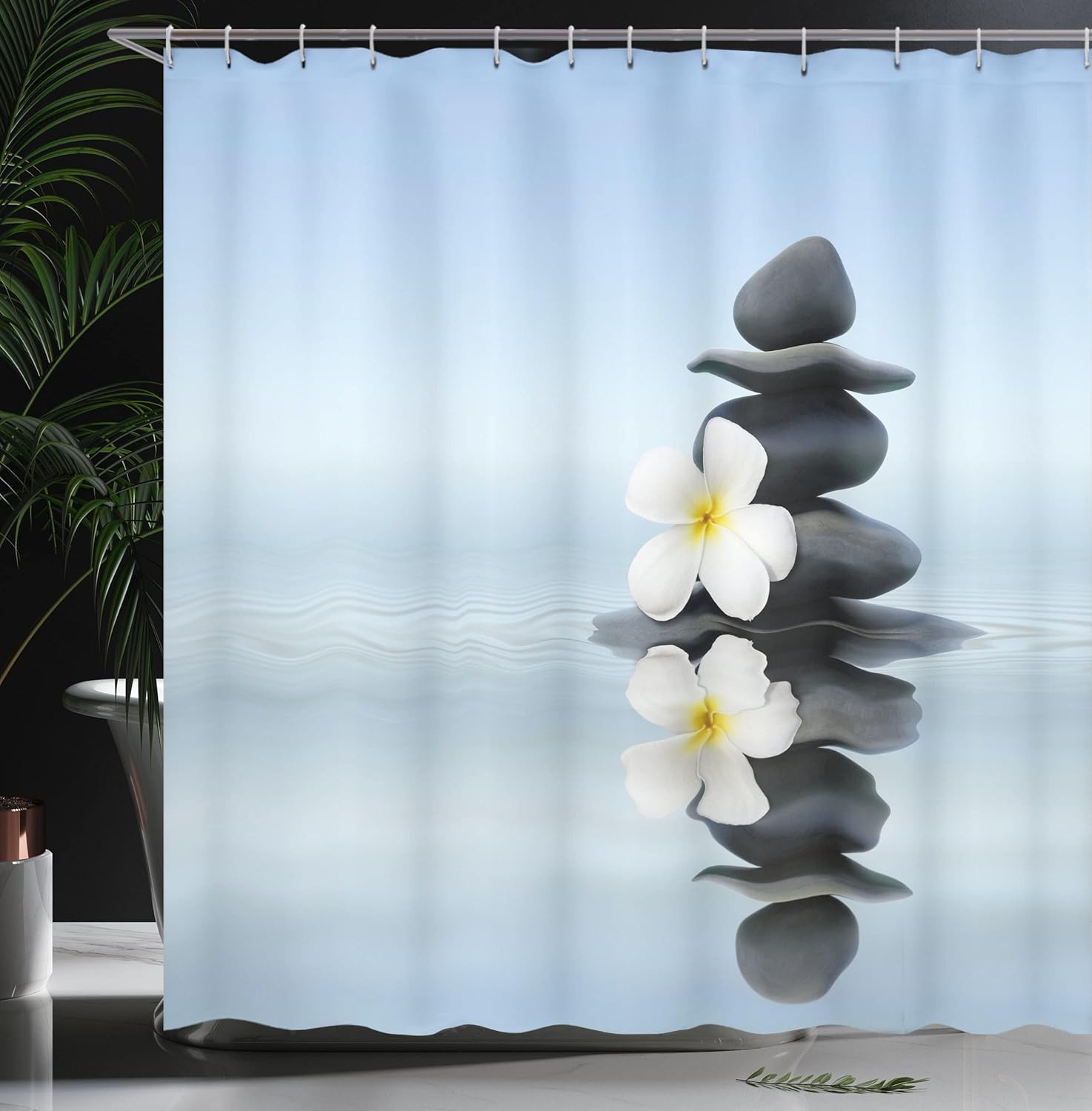 Ambesonne Spa Shower Curtain, Hot Massage Stones with Frangipani Plumera Reflection on The Waters, Cloth Fabric Bathroom Decor Set with Hooks, 69" W x 84" L, Pale Blue and Grey