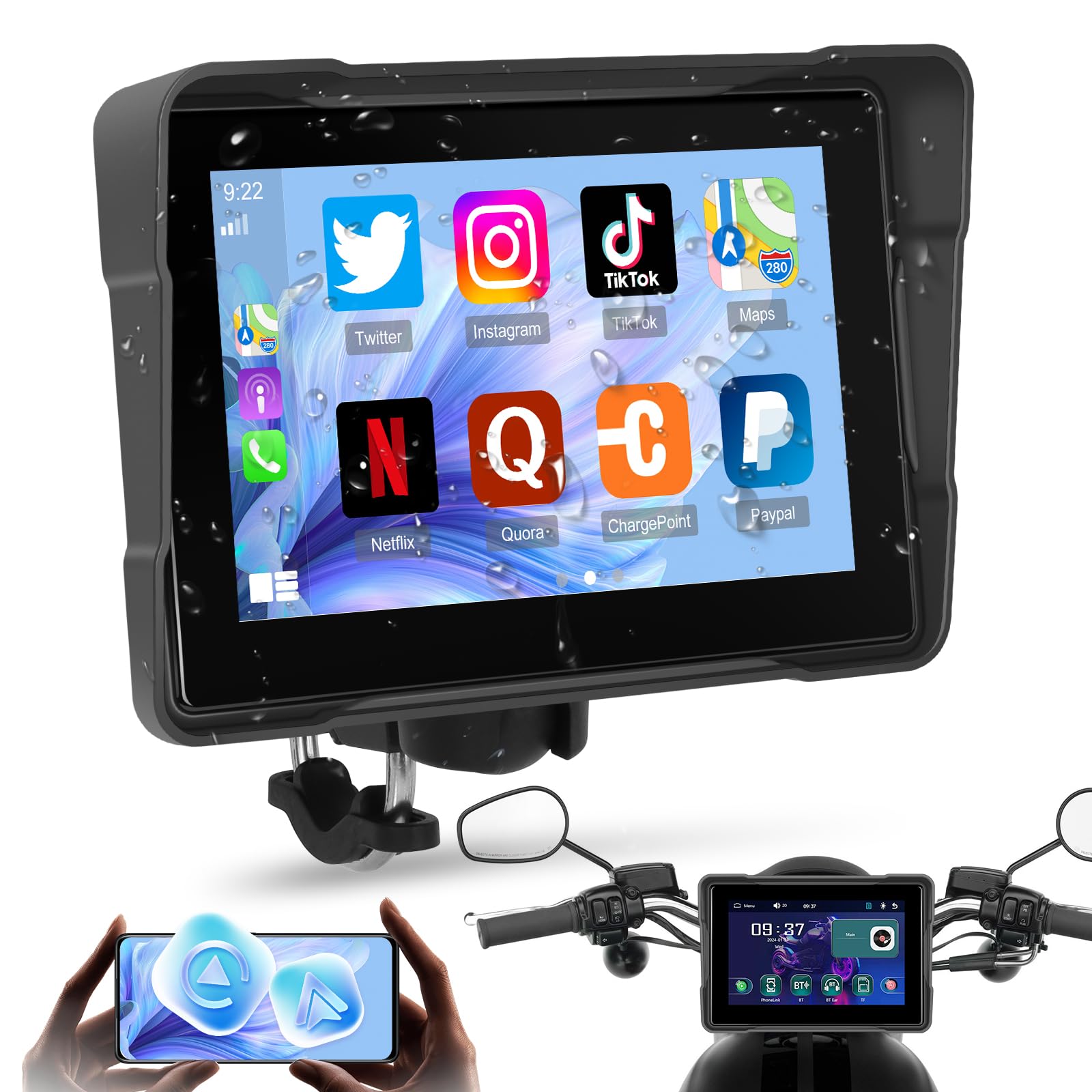 Schermo CarPlay Portatile 5" IP67 Android Auto Touch Screen Impermeabile Doppio Bluetooth GPS
