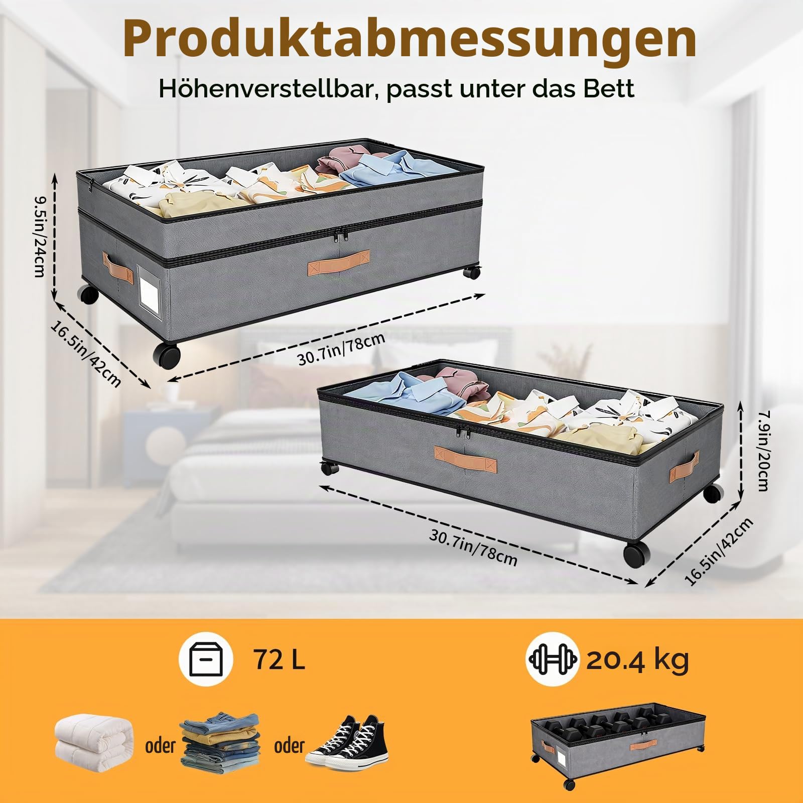 Unterbett-Aufbewahrungsbox mit Rollen,2 Stück 72L(78x42x24cm),Unterbettkommode mit Rollen,360°Drehung& große Kapazität, Waschbar, Zusammenklappbar,für Kleidung, Schuhe, Spielzeug und Decken