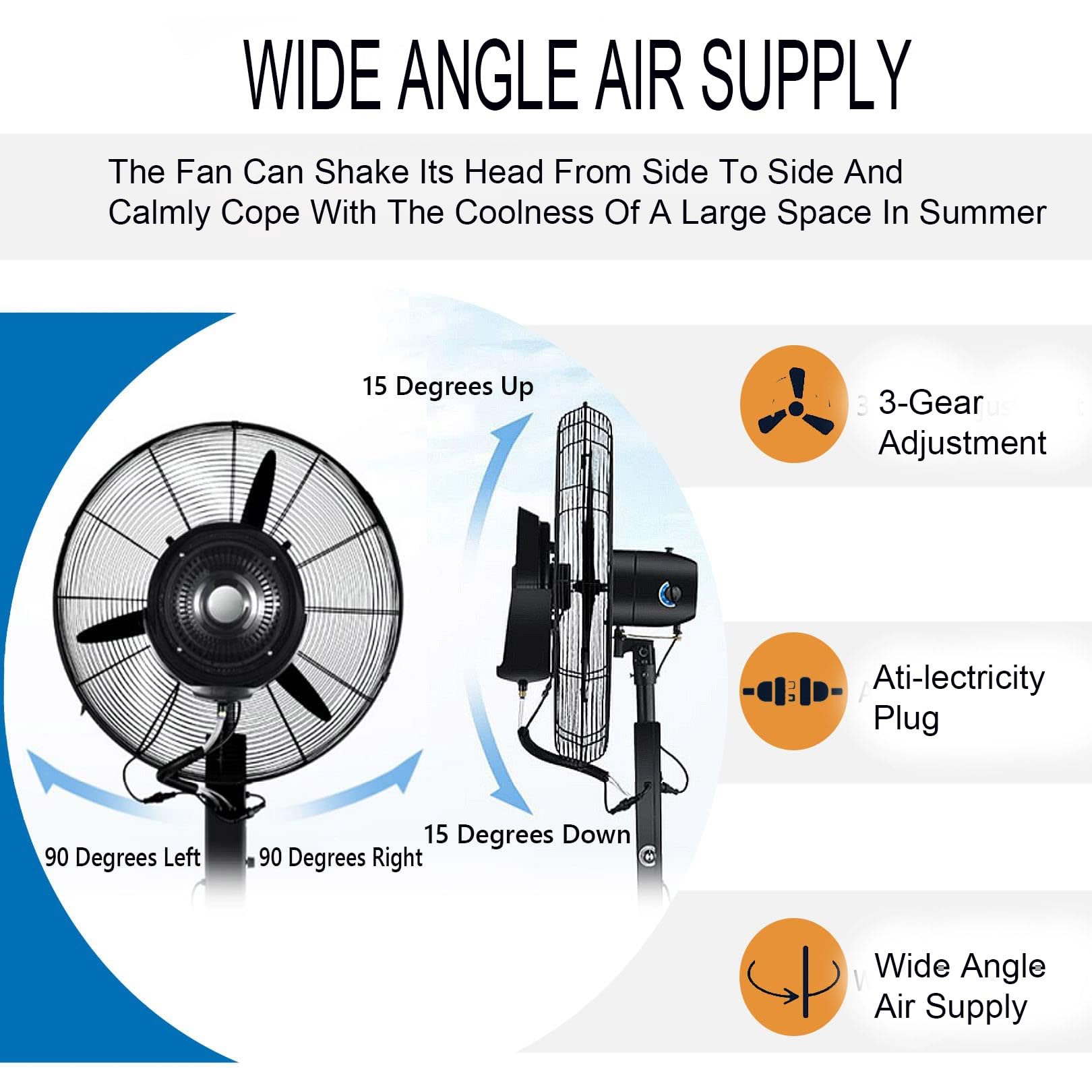 Ventilador de nebulización oscilante comercial para refrigeración al aire libre en patios, restaurantes, garajes, gimnasios y talleres con 3 ajustes de velocidad