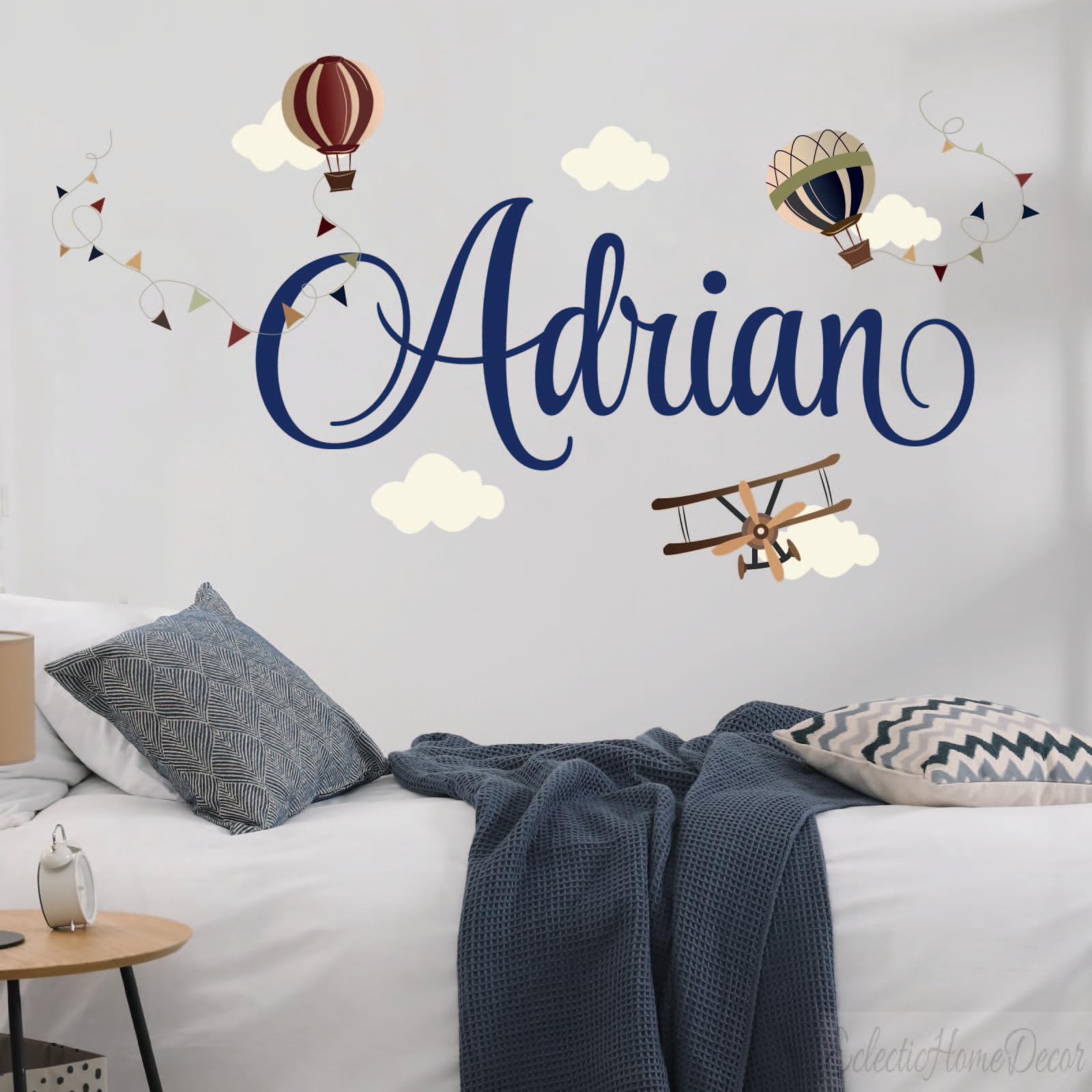 Personalized Sky Adventure Vintage Airplane and Hot Air Balloon with Name Wall Decal, Nursery Room Decor