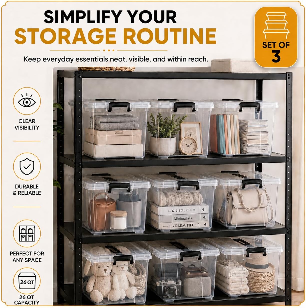 Basicwise 3-Piece 26 Quart Clear Plastic Storage Bins for Home Organization image 3