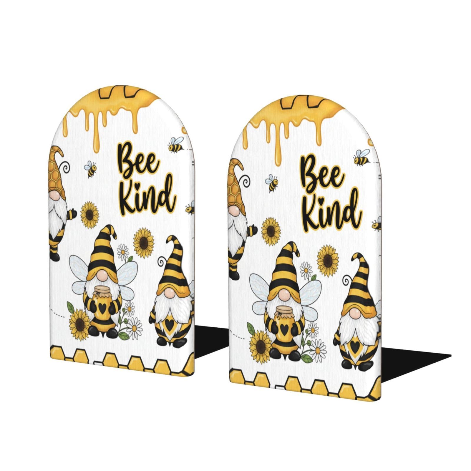 Wood Bookends for Shelves, Bee Gnome Decorative Non-Slip Book Ends for Office Home Decor, Aesthetic Book Stands/Holder/Stopper, Desk Organizers, Book Dividers