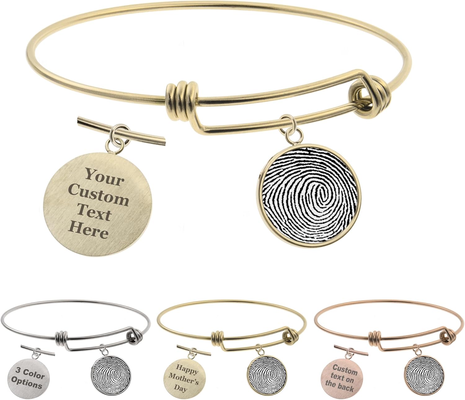 Dreambell Love You to The Moon and Back Personalized Fingerprint Photo Engrave Dangle Charm Adjustable Wire Bangle Bracelet Inspirational Gift