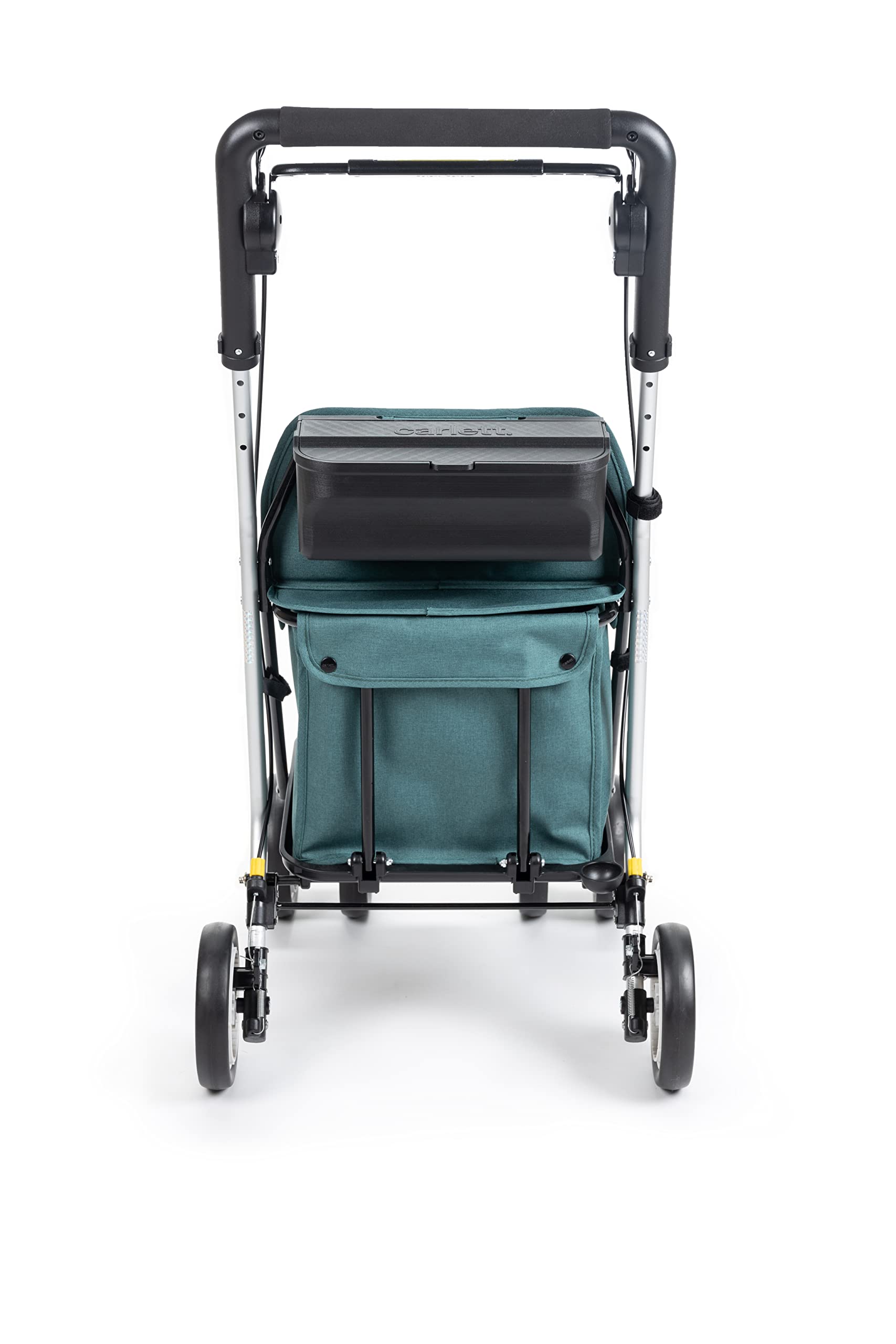 Carlett Déambulateur et Chariot avec Siège Intégré, Produit Médical Homologué UE, Sac Amovible 29 L / 15 kg, Plateau Porte-Objets et Poignée Réglable, Pliable, Roues Réglables, Comfort, Verte