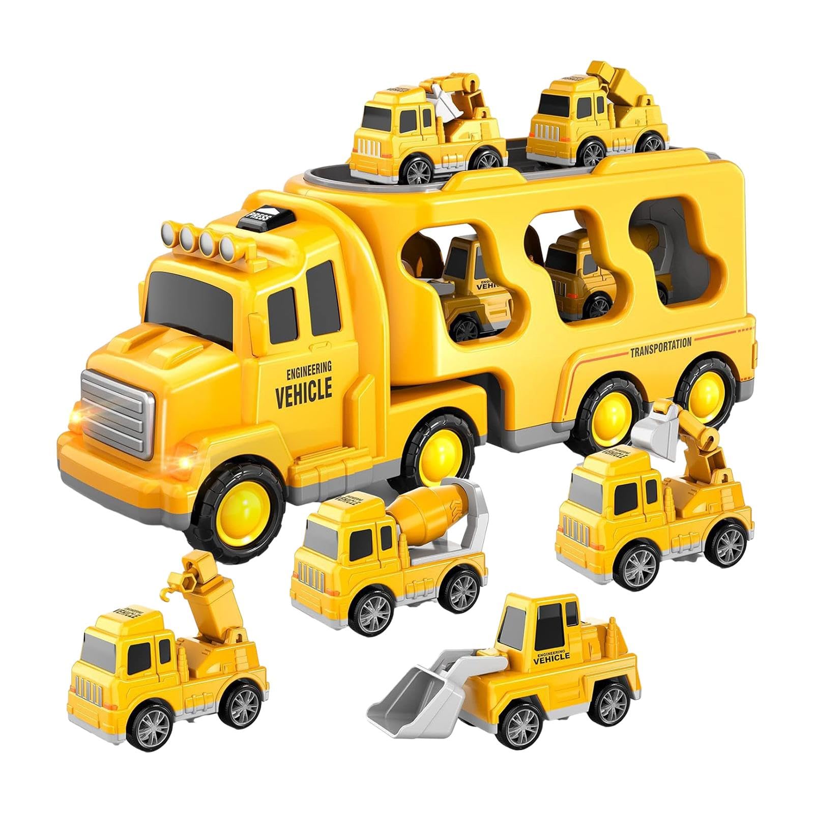 Qianly 7 Stück Feuerwehrauto Spielzeug Set Mini Friktionsfahrzeuge Transporter mit Licht Musik Notfallauto Trägerwagen Diecast Modellautos für Geschenk Kinde, Gelb