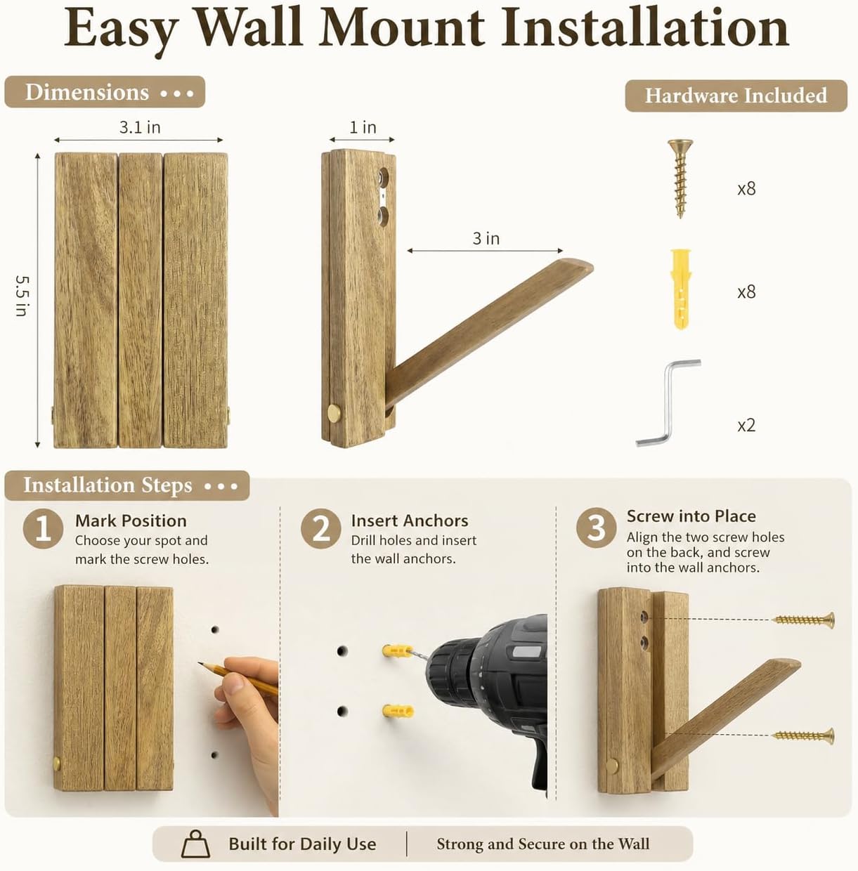 4 Pack Foldable Wood Wall Hooks for Coats, Towels and Bags