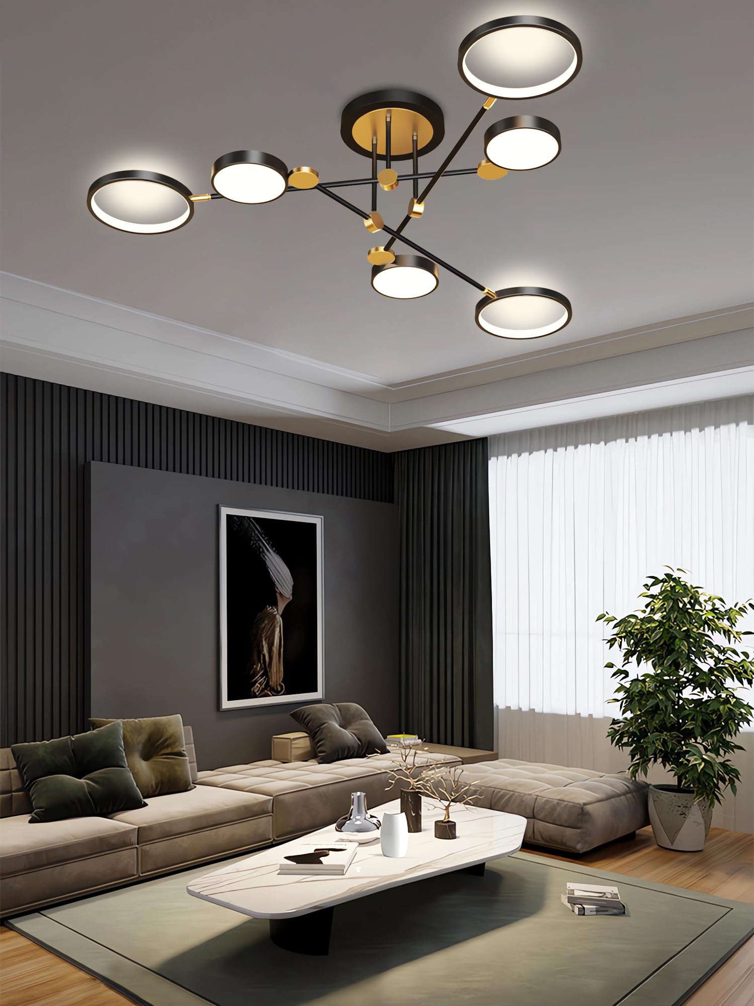 Modern LED Ceiling Light Dimmable Ceiling Chandeliers Semi-Flush Mount Ceiling Lamp with Remote Control Chandelier Gold/Black Chandelier for Living Room Bedroom Dining Room Kitchen (Black, 6heads B)