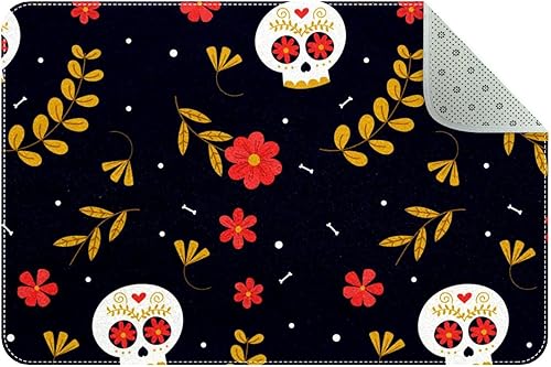 Alfombra de baño con estampado de calavera negra con parte trasera antideslizante hojas absorbentes de agua alfombra de baño pequeña de microfibra