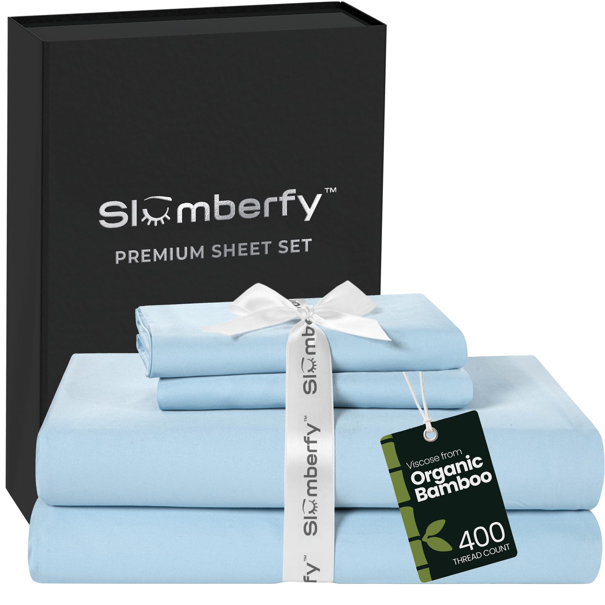 Slumberfy 4-Piece 400 TC Viscose Derived from Bamboo Sheets, Cal-King Size - 1 Fitted, 1 Flat, 2 Pillow Cases - Deep Pocket Cooling Viscose-Bamboo Bed Sheets in Magnetic Closure Gift Box, Light Blue