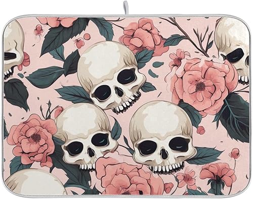 Reversible Dish Drying Mats, Funny Skulls Pink Flowers Microfiber Coffee Bar Mat, Quick Drying Dish Drying Rack Mat Countertop Protector Mat, 16 x
