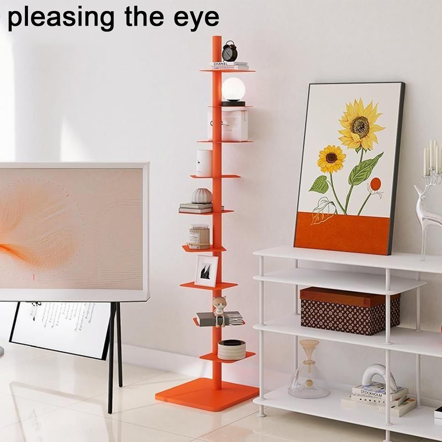 BYGSBKDP 9-Tier Metal Spine Bookshelf Narrow Bookcase DIY Three-sided Free Rotation Adjustment Vertical Tower for Booksfor Small Spaces Tall & Narrow Ladder Bookcase (Orange,15.8" D x 15.8" W x69 H)