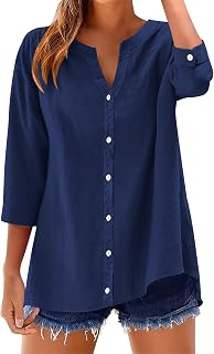 Womens Cotton Linen Button Down Shirts 3/4 Sleeve Casual Loose Fit V Neck Stylish Breathable Summer Spring Blouses Top