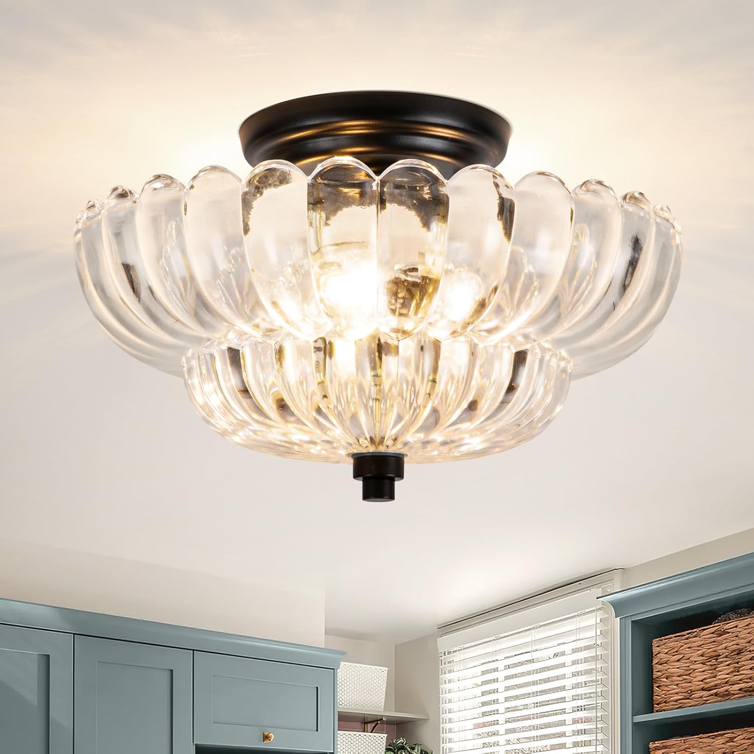 Semi Flush Mount Ceiling Light, Vintage Glass Close to Ceiling Light Fixtures with 3 Lights, Modern Black Flush Mount Ceiling Lights for Hallway, Bedroom, Kitchen, Living Room