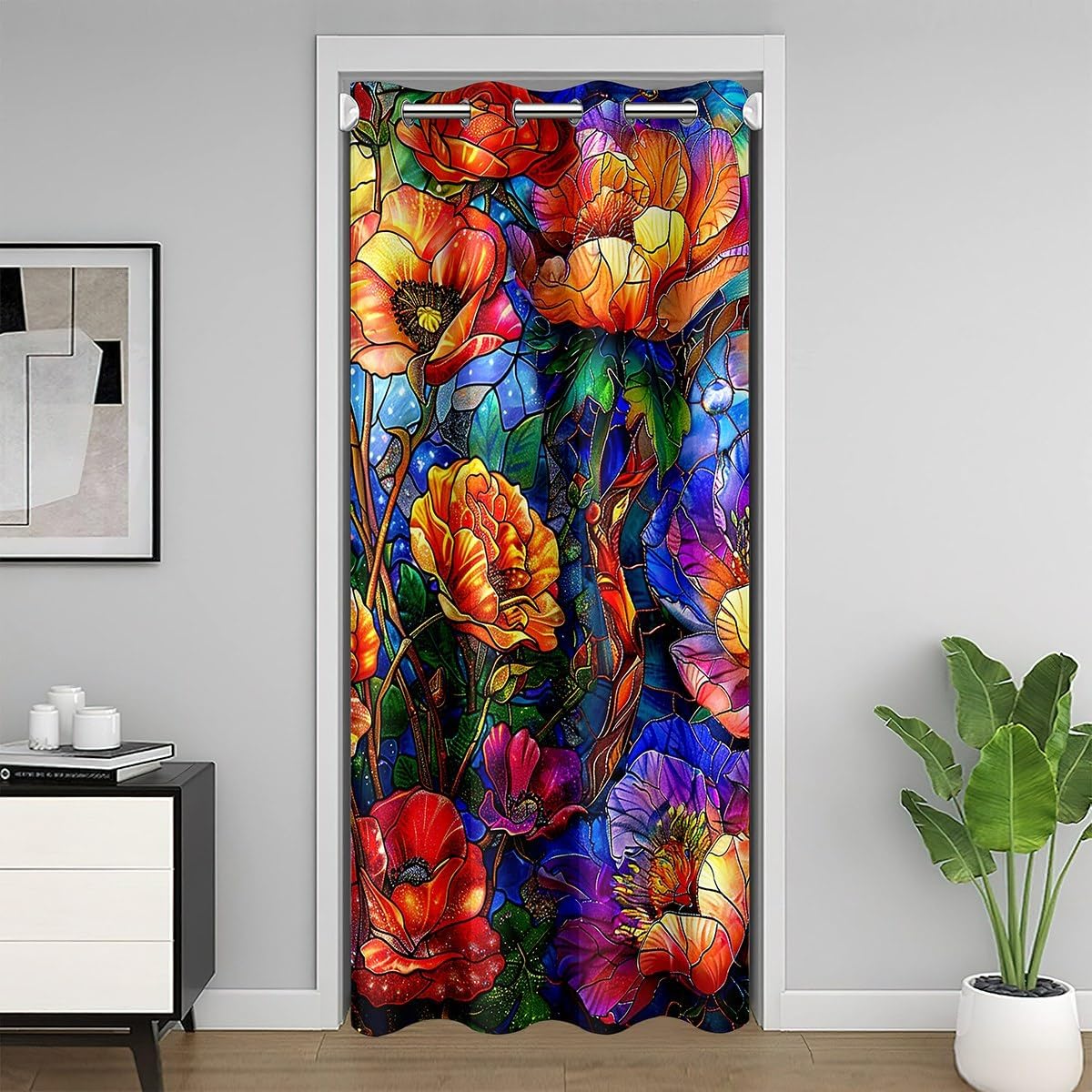 Homewish Gradient Marijuana Doorway Curtain Cartoon Green Blue Botanical Leaf Door Curtain Privacy for Kids Teens Adults Exotic Colorful Retro Flowers Door Drape for Bedroom Closet Door 34" W X 80" L