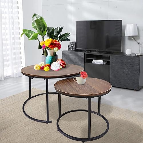Miniatura 6 de VILAWLENCE Juego de 2 mesas auxiliares redondas apilables laterales con marco de metal resistente, modernos juegos de mesa de noche industrial 23.6