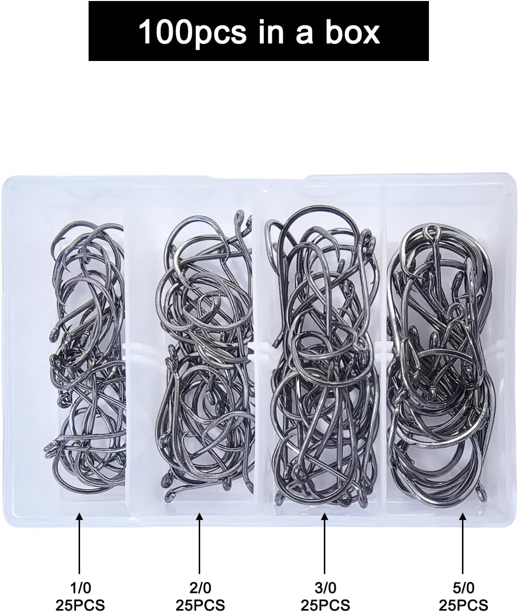 MASTERPRO Saltwater Redfish & Snapper Pack Circle Hooks with Holes, High-Carbon Steel Barbed 1/0 2/0 3/0 5/0 100pcs Portable Boxed Powerful Fishing Hooks