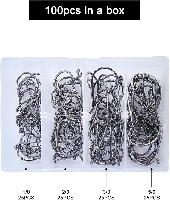 MASTERPRO Saltwater Redfish & Snapper Pack Circle Hooks with Holes, High-Carbon Steel Barbed 1/0 2/0 3/0 5/0 100pcs Portable Boxed Powerful Fishing Hooks